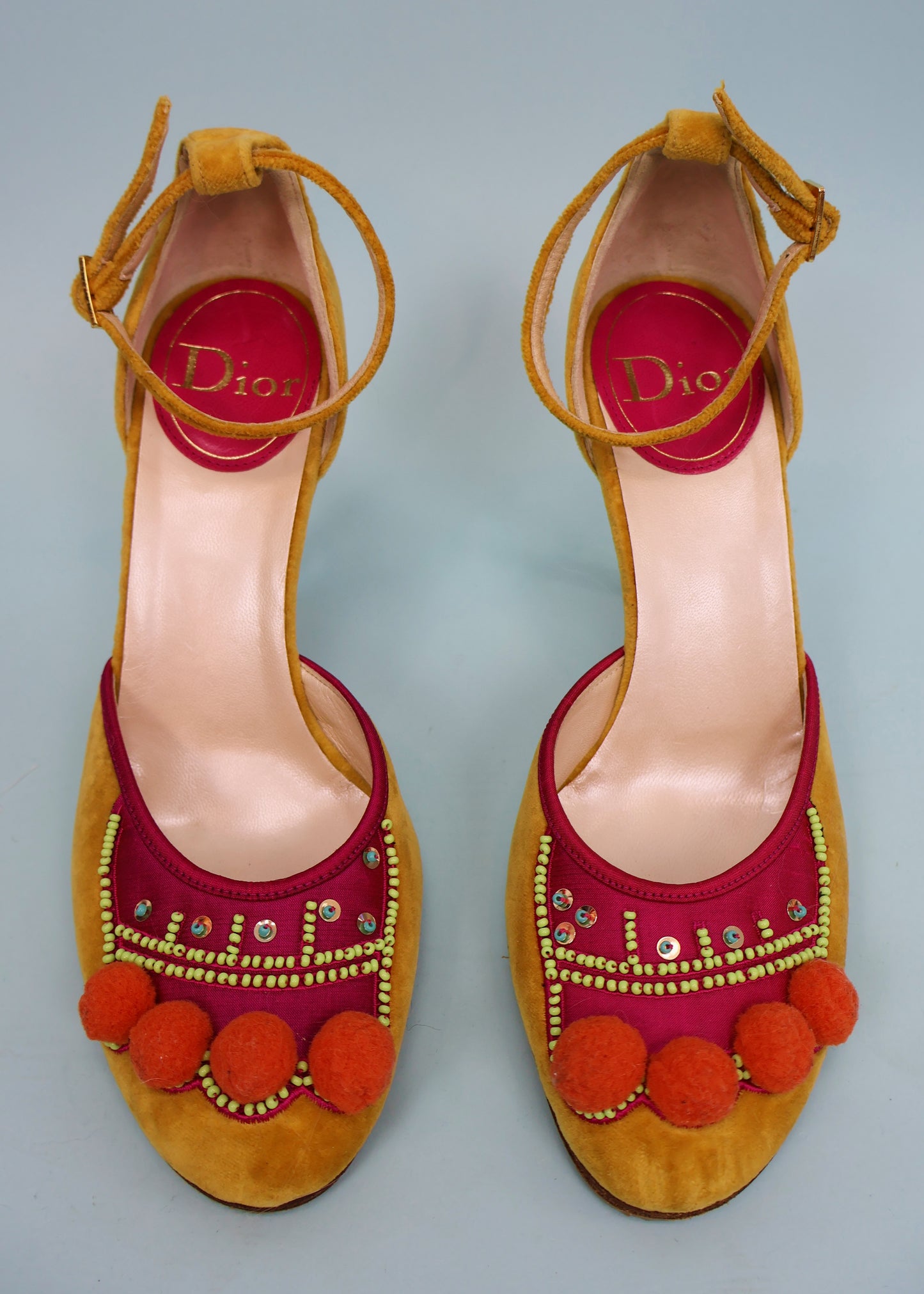 Dior Fall 2002 Runway Pink & Yellow Velvet Pom Pom Heels