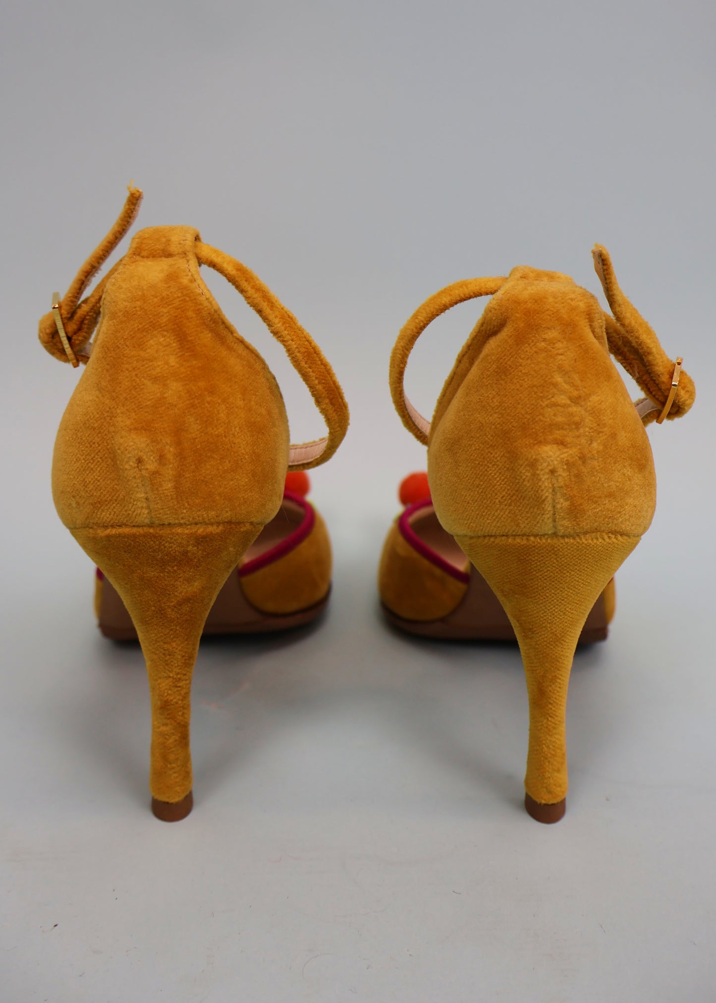 Dior Fall 2002 Runway Pink & Yellow Velvet Pom Pom Heels