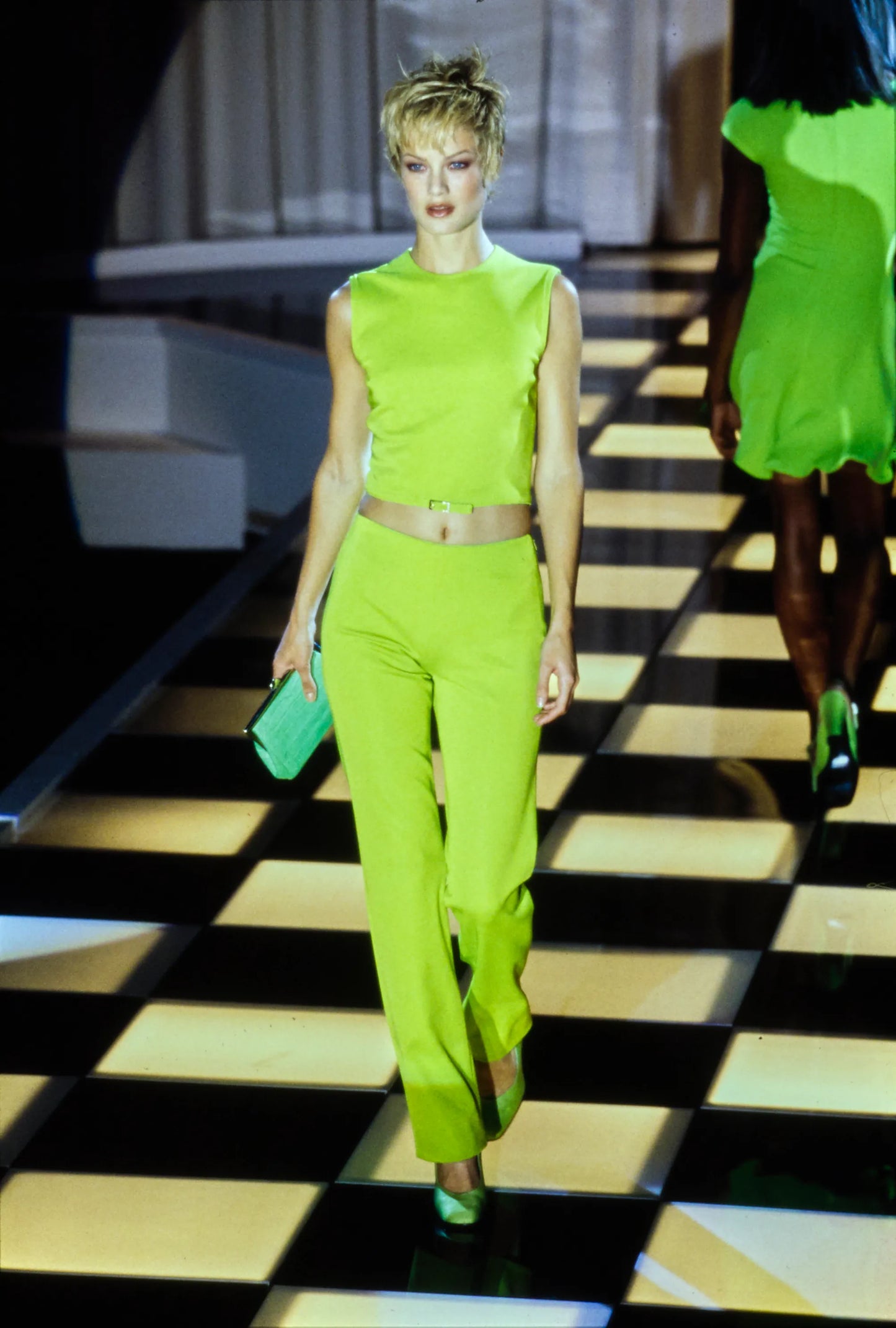 Versace Spring 1996 Runway Neon Green Buckle Detail Tank Top