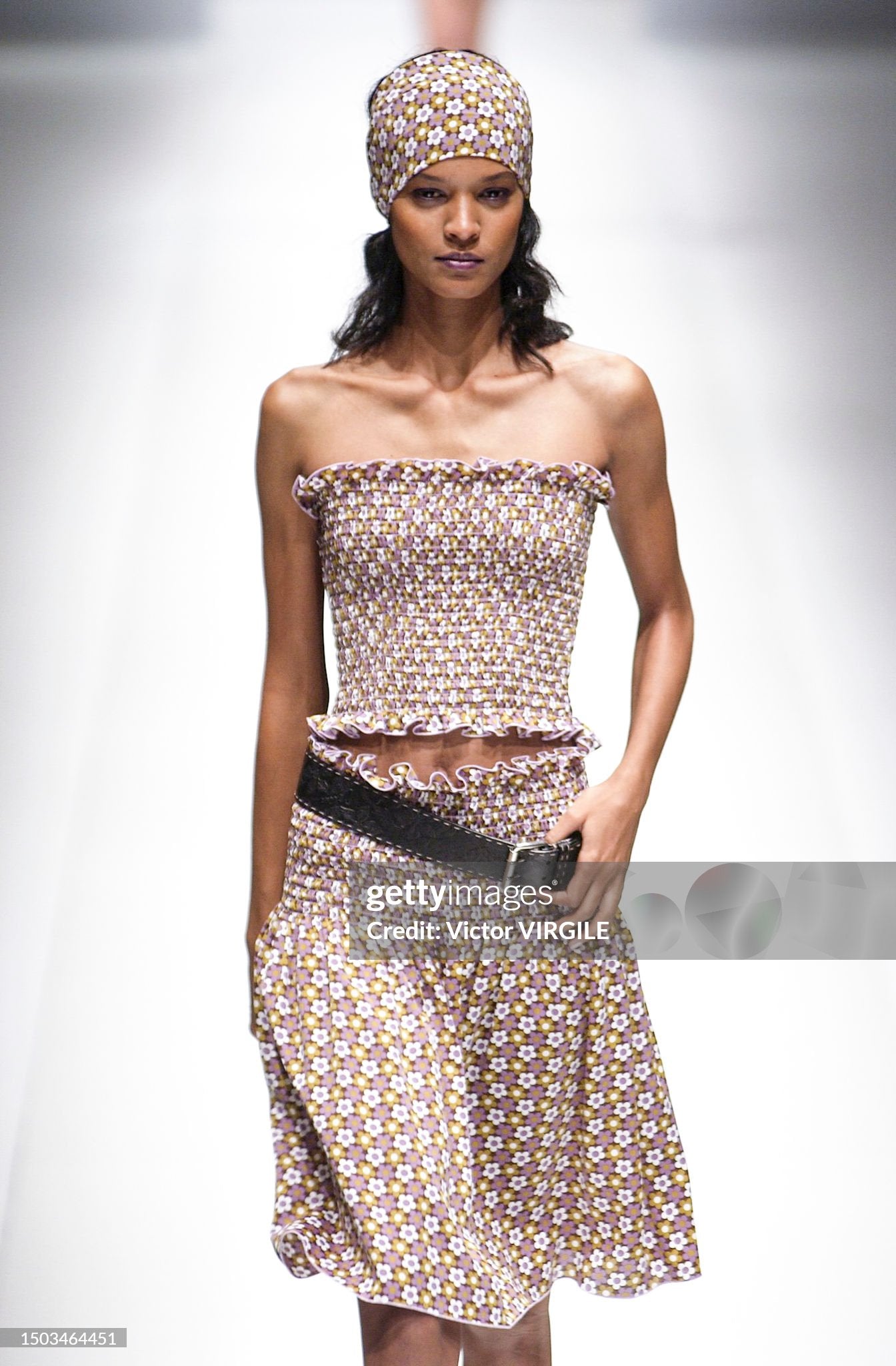 Celine Spring 2002 Floral Silk Shirred Strapless Dress