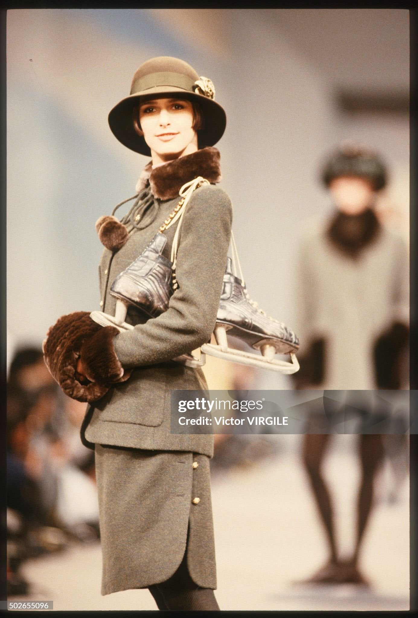 Chanel Fall 1989 Runway Green Boucle Fur Pom Trim Jacket & Skirt Suit Set