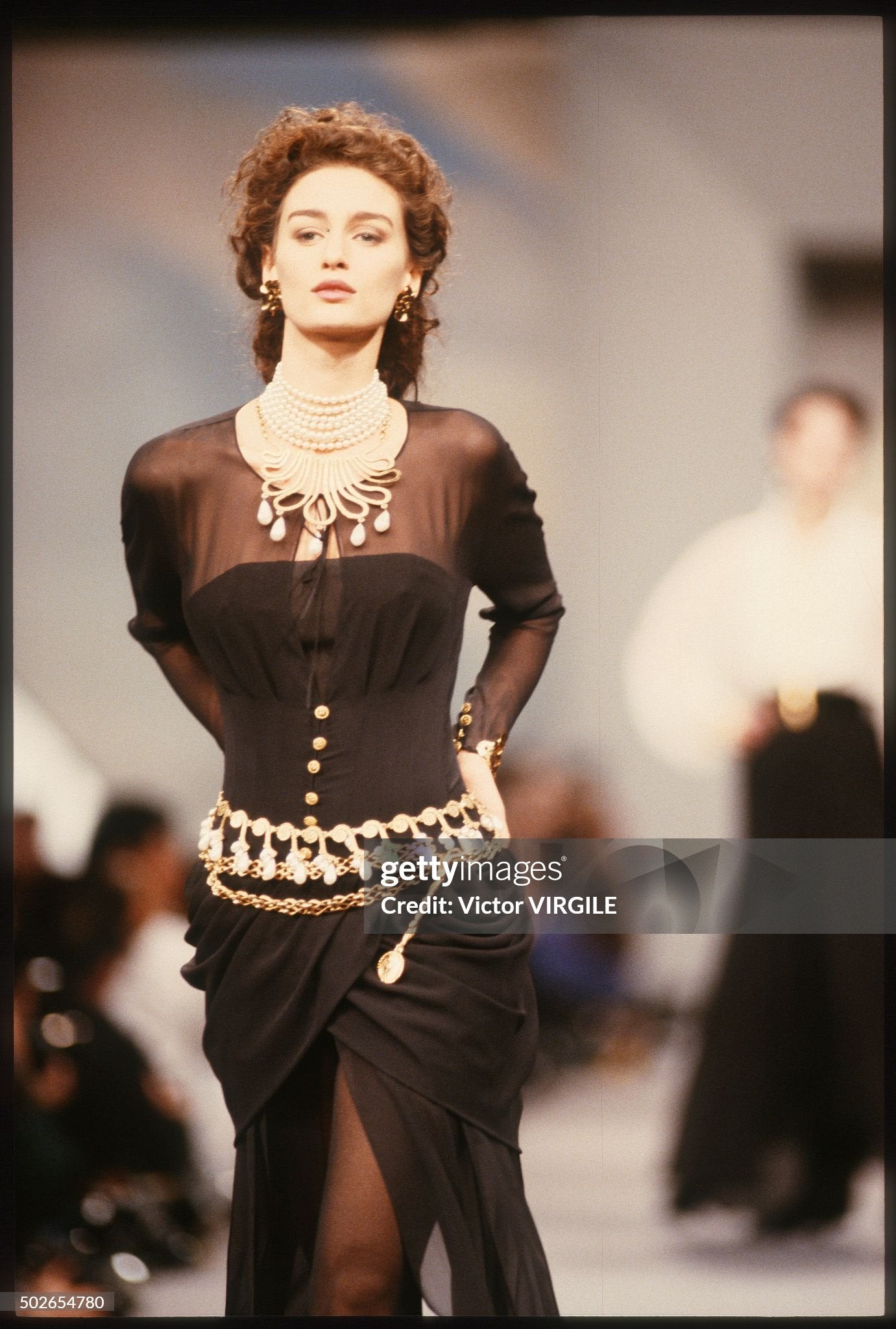Chanel Fall 1989 Runway Black Silk Chiffon Corseted Draped Gown