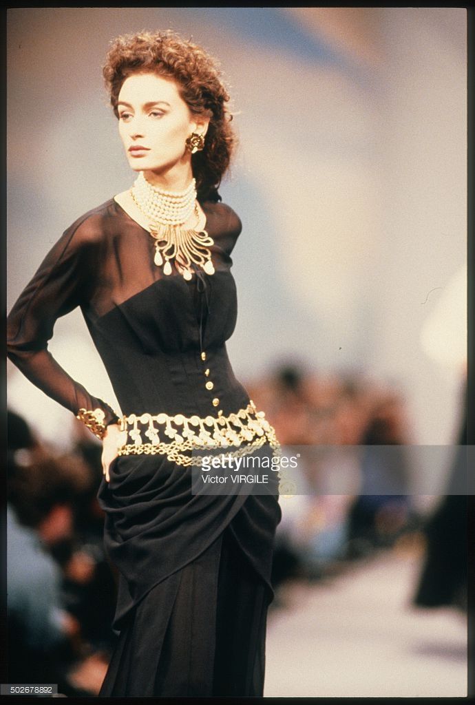 Chanel Fall 1989 Runway Black Silk Chiffon Corseted Draped Gown