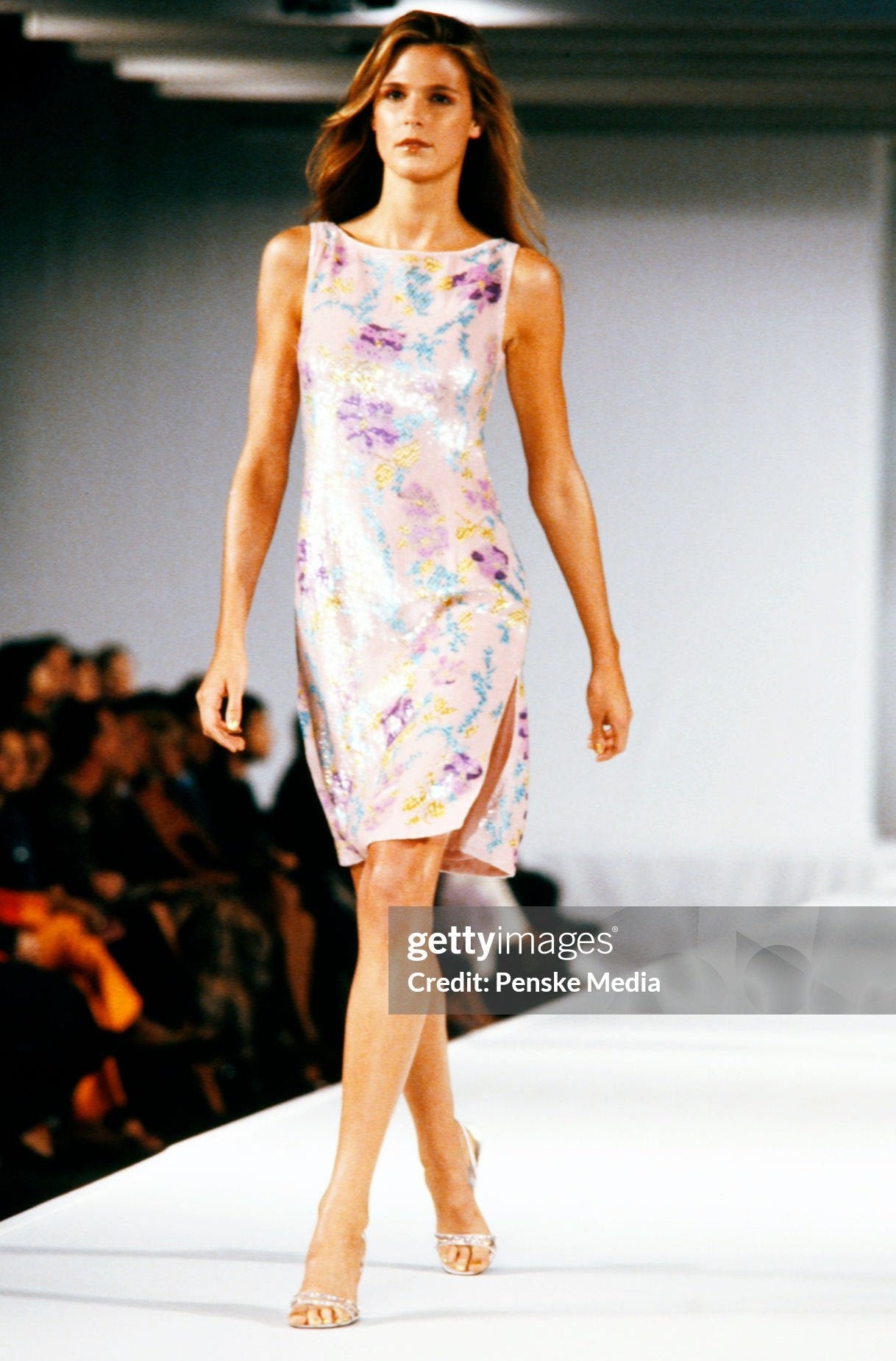 Escada Spring 2001 Runway Floral Sequin & Bead Embellished Silk Dress