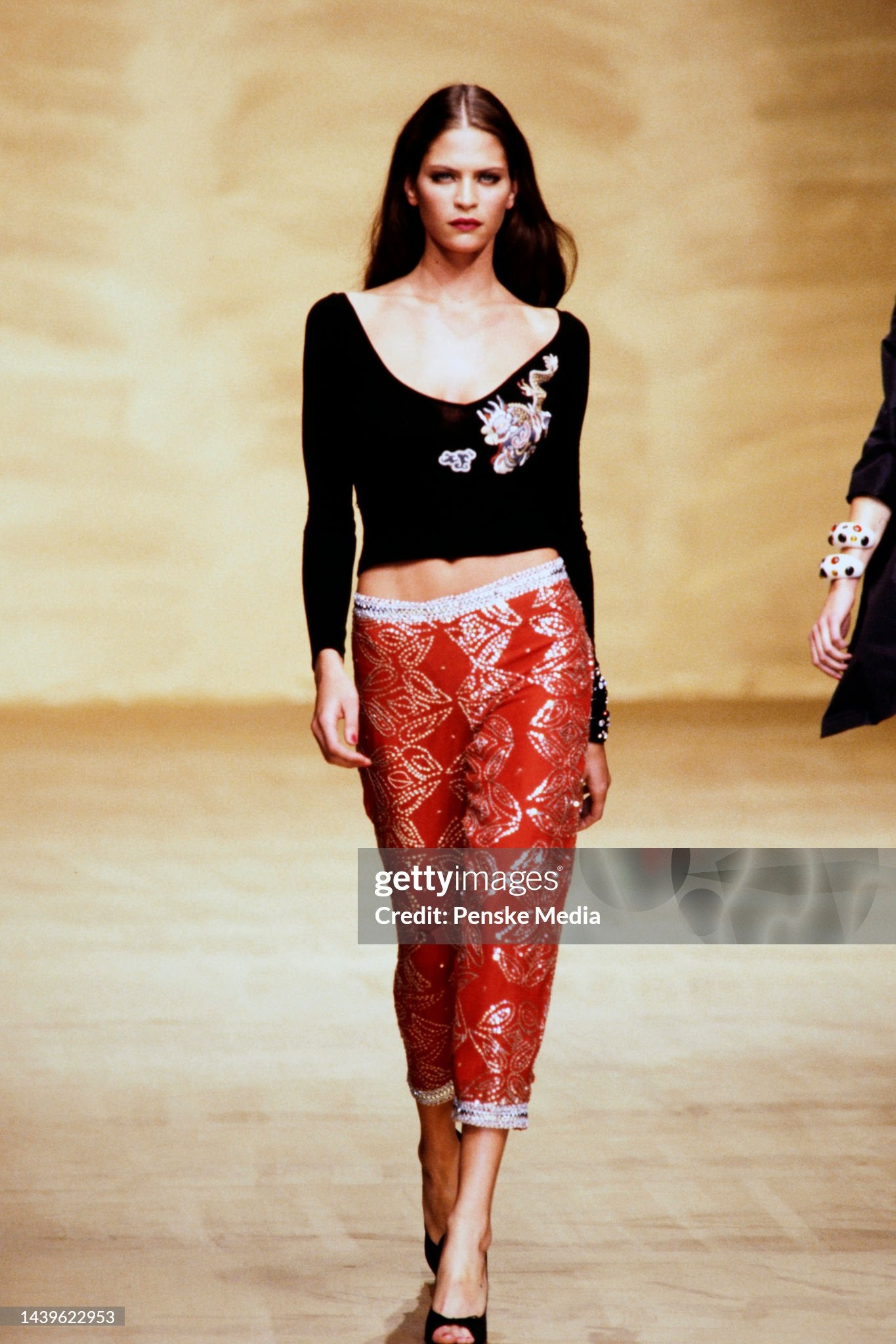 Blumarine Spring 2000 Runway Red Embellished Silk Capri Pants