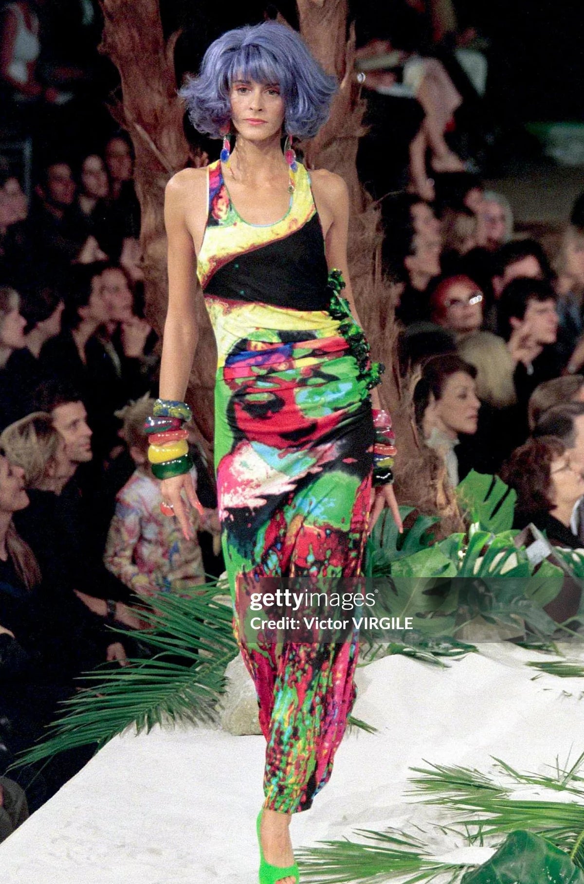 Jean Paul Gaultier Spring 2000 Runway Psychedelic Face Print & Flower Embellished Maxi Dress