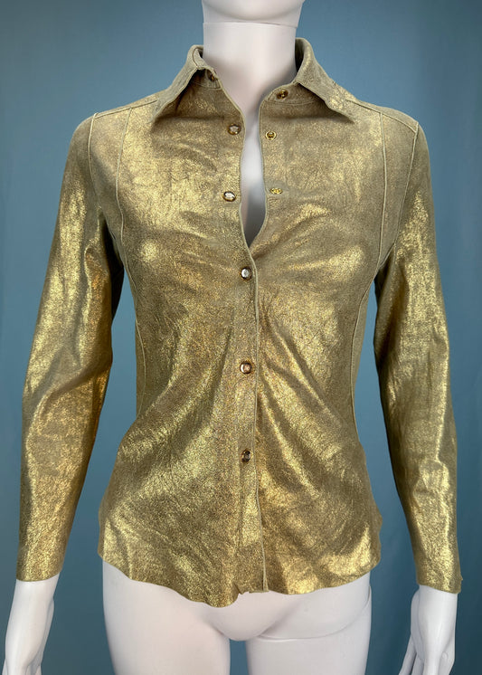 Roberto Cavalli Metallic Gold Suede Leather Shirt