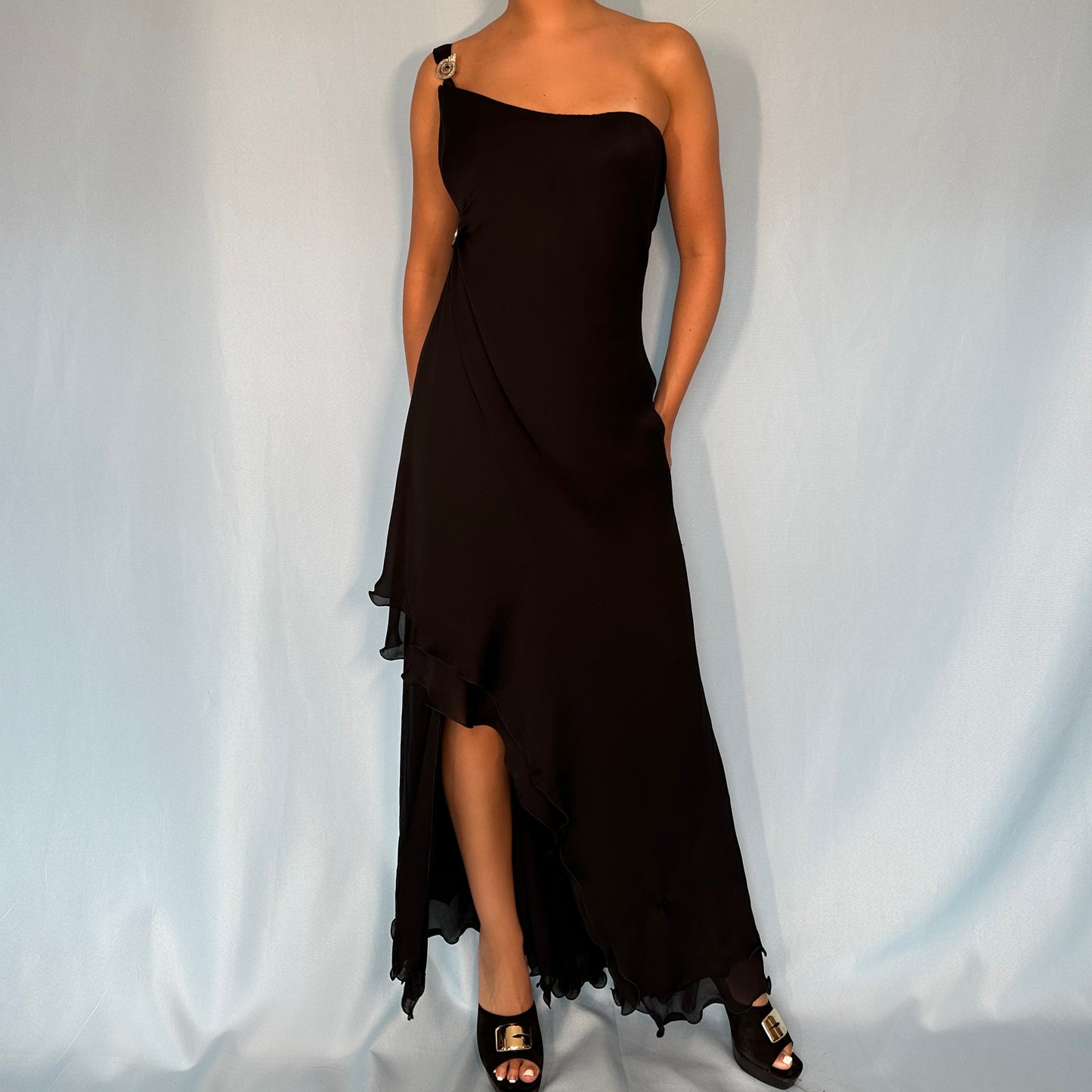 Versace Spring 1995 One Shoulder Black Silk Gown Dress