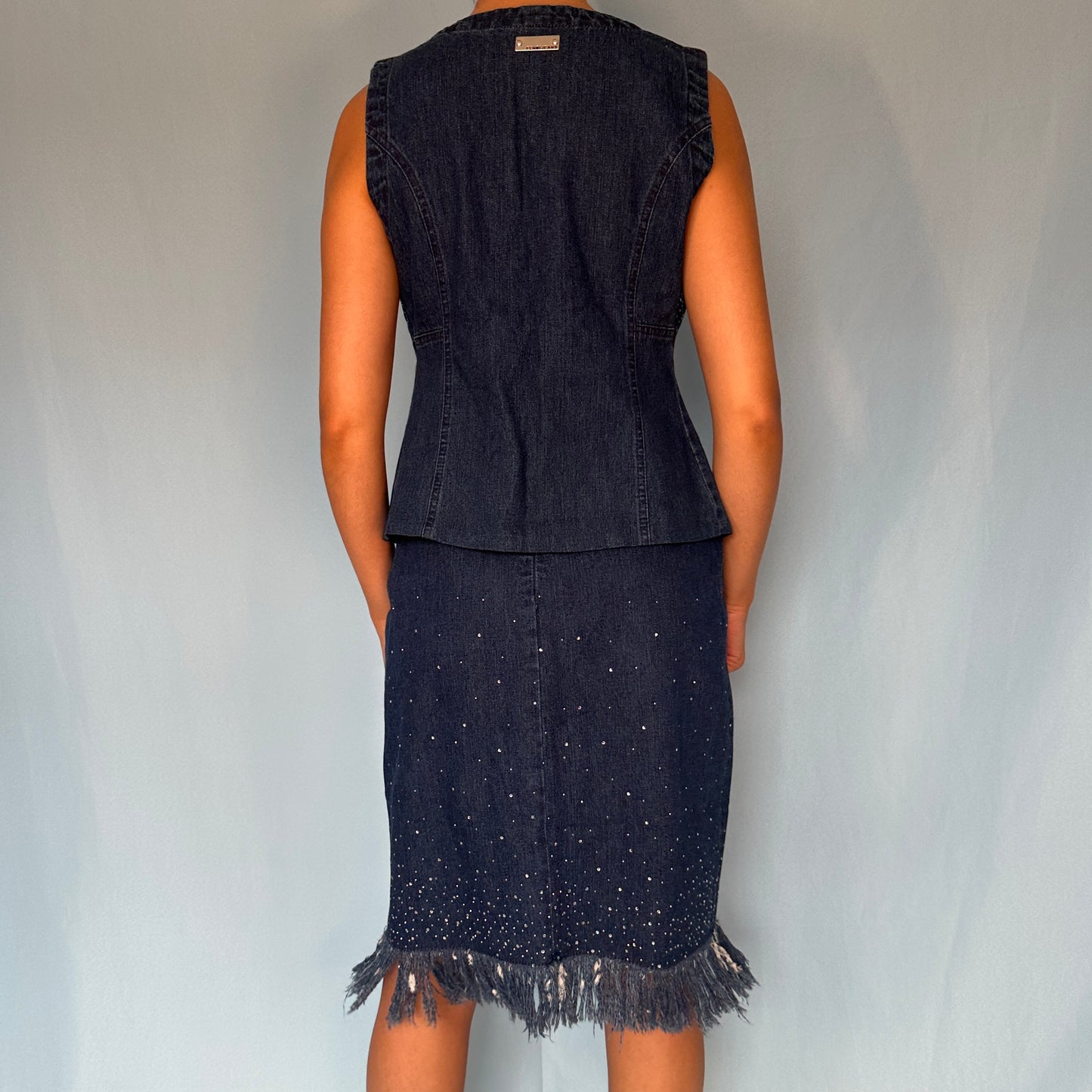 Fendi Denim Crystal Embellished Skirt & Vest Jacket Set