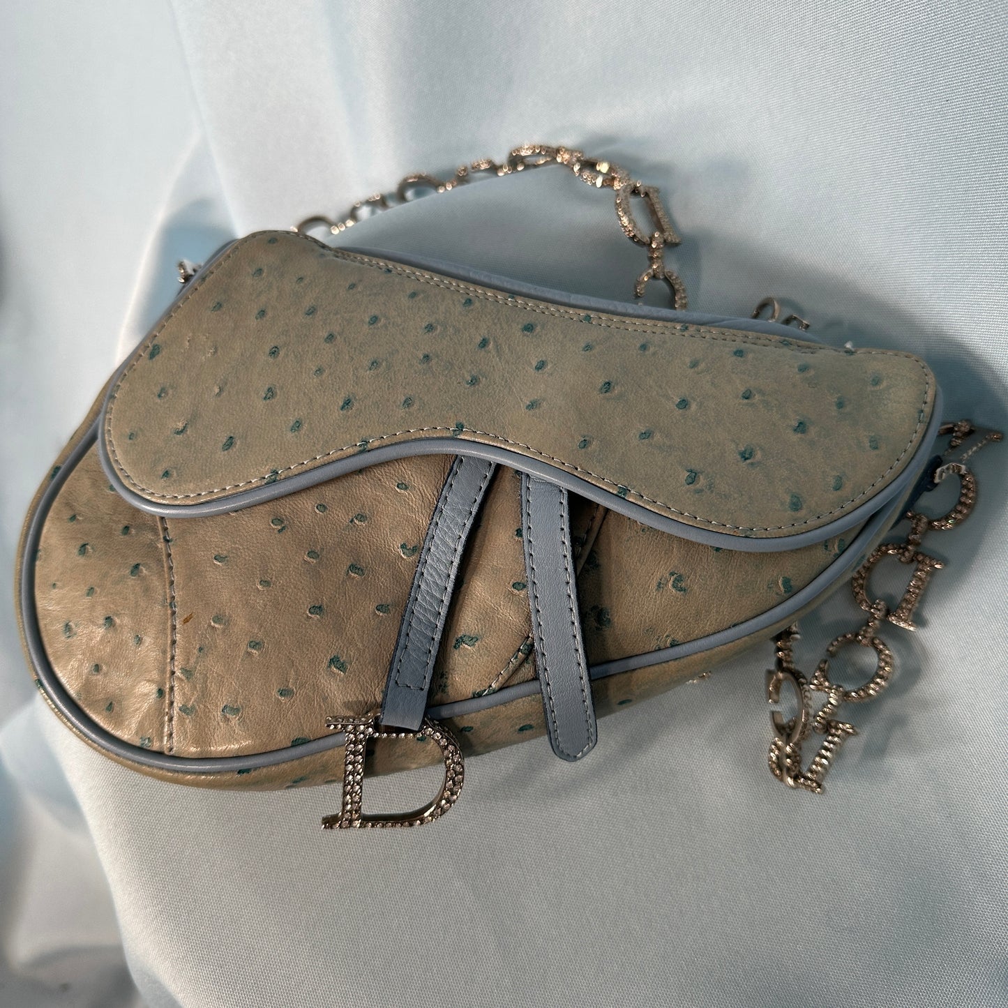 Dior Fall 2000 Blue Ostrich Leather Crystal Strap Saddle Bag