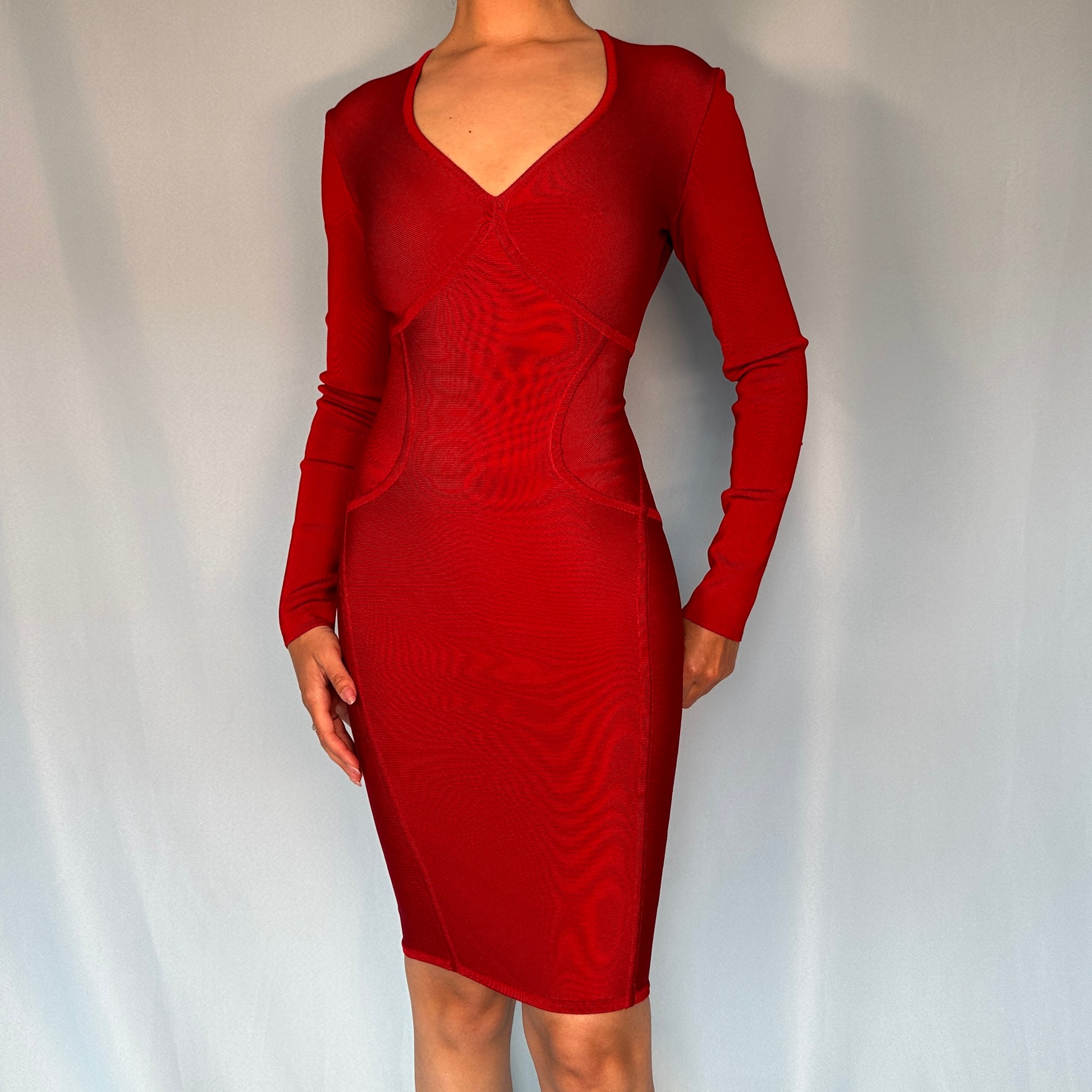 Herve Leger Red Long Sleeve Plunge Bandage Dress Herve Leger Red Long Sleeve Plunge Bandage Dress