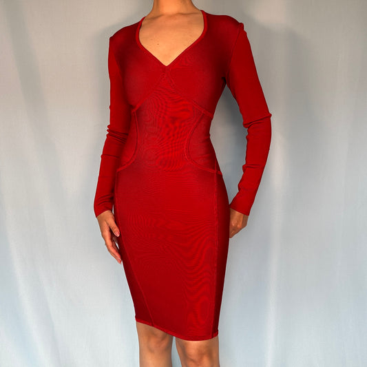 Herve Leger Red Long Sleeve Plunge Bandage Dress