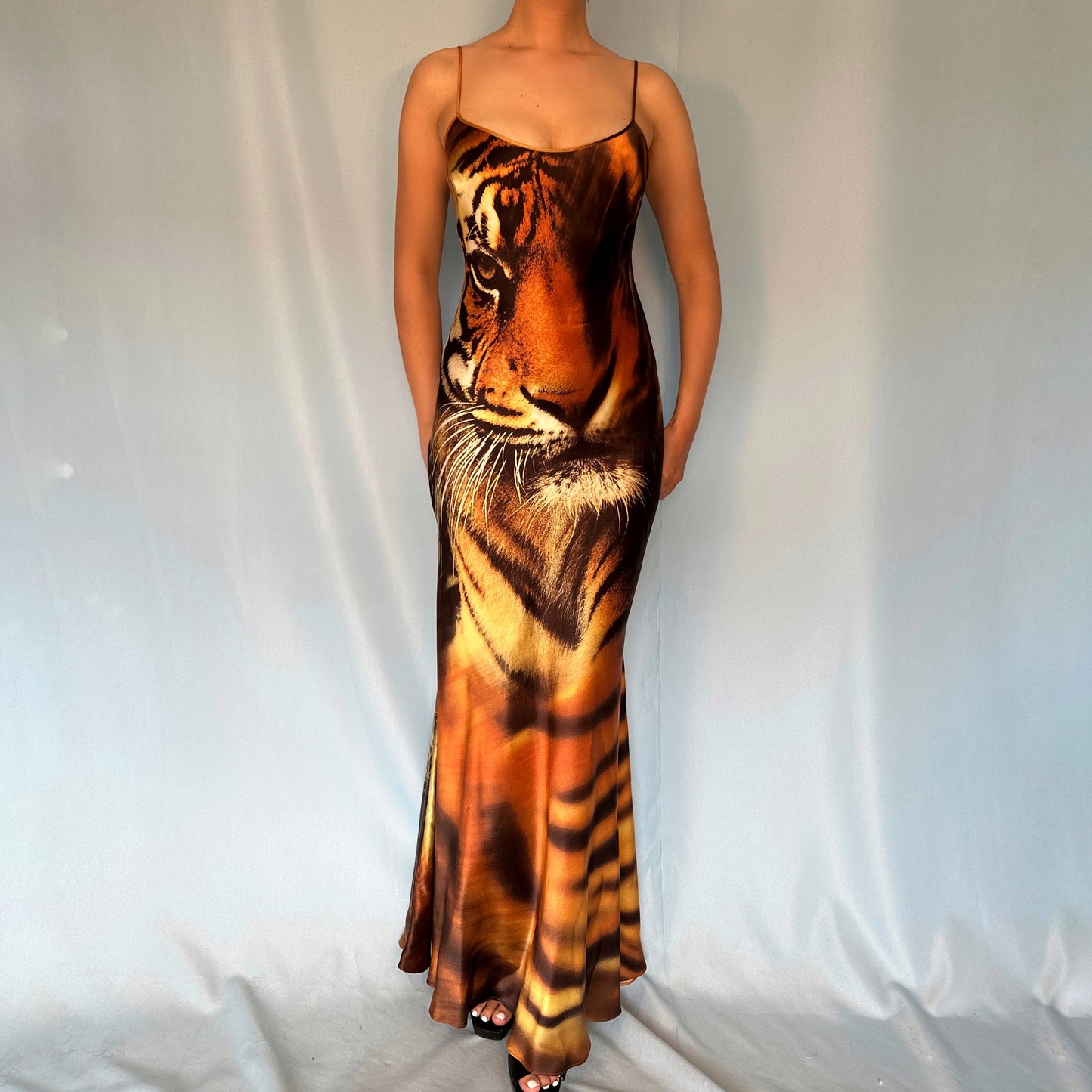 Roberto Cavalli Fall 2000 Silk Tiger Print Dress & Fur Trim Shawl