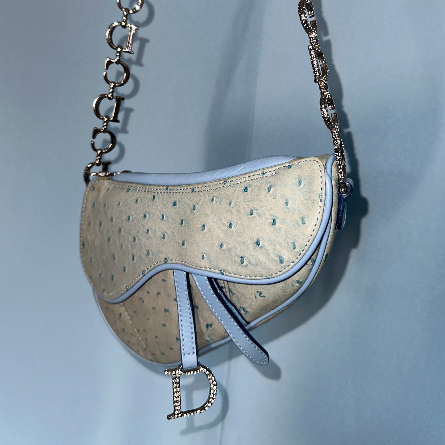 Dior Fall 2000 Blue Ostrich Leather Crystal Strap Saddle Bag