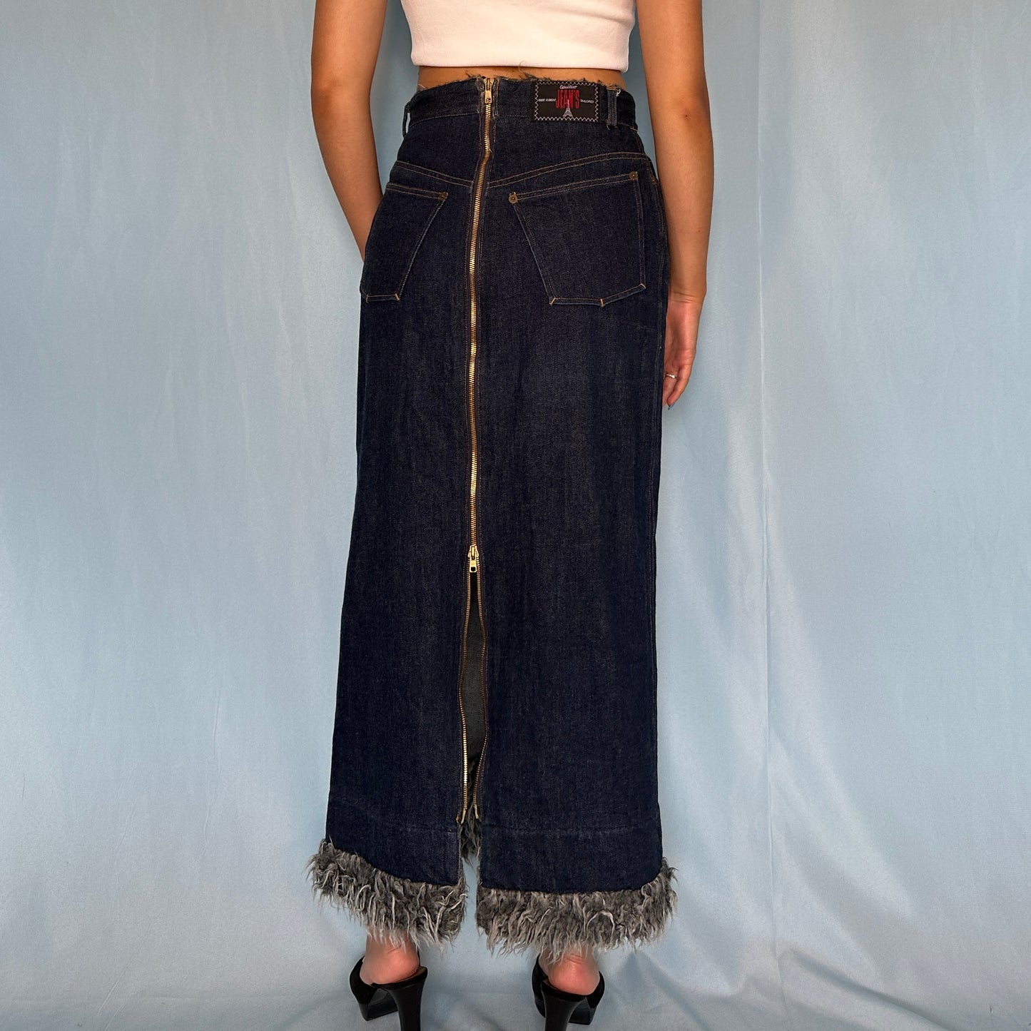 Jean Paul Gaultier Fall 1995 Denim Zip & Faux Fur Detail Maxi Skirt