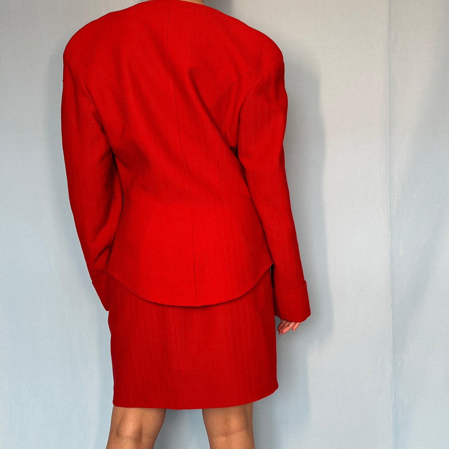 Thierry Mugler Red Asymmetric Jacket Skirt Suit Set