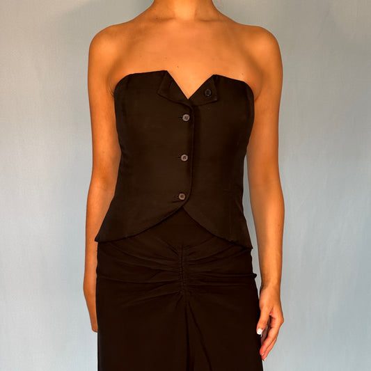 Dior 1970s Black Silk Button Bustier Top