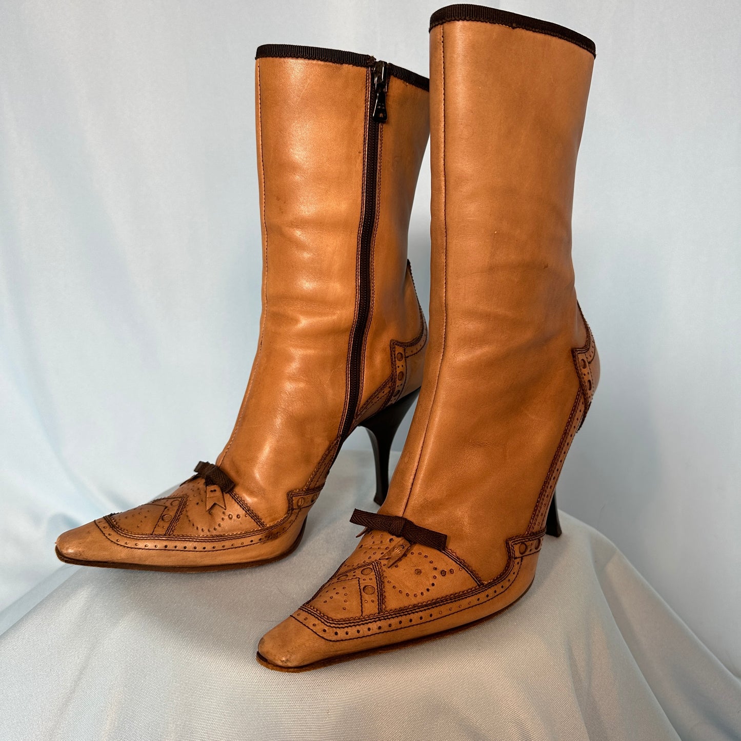 Prada Beige Leather Pointed Heel Boots