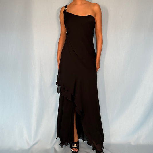 Versace Spring 1995 One Shoulder Black Silk Gown Dress