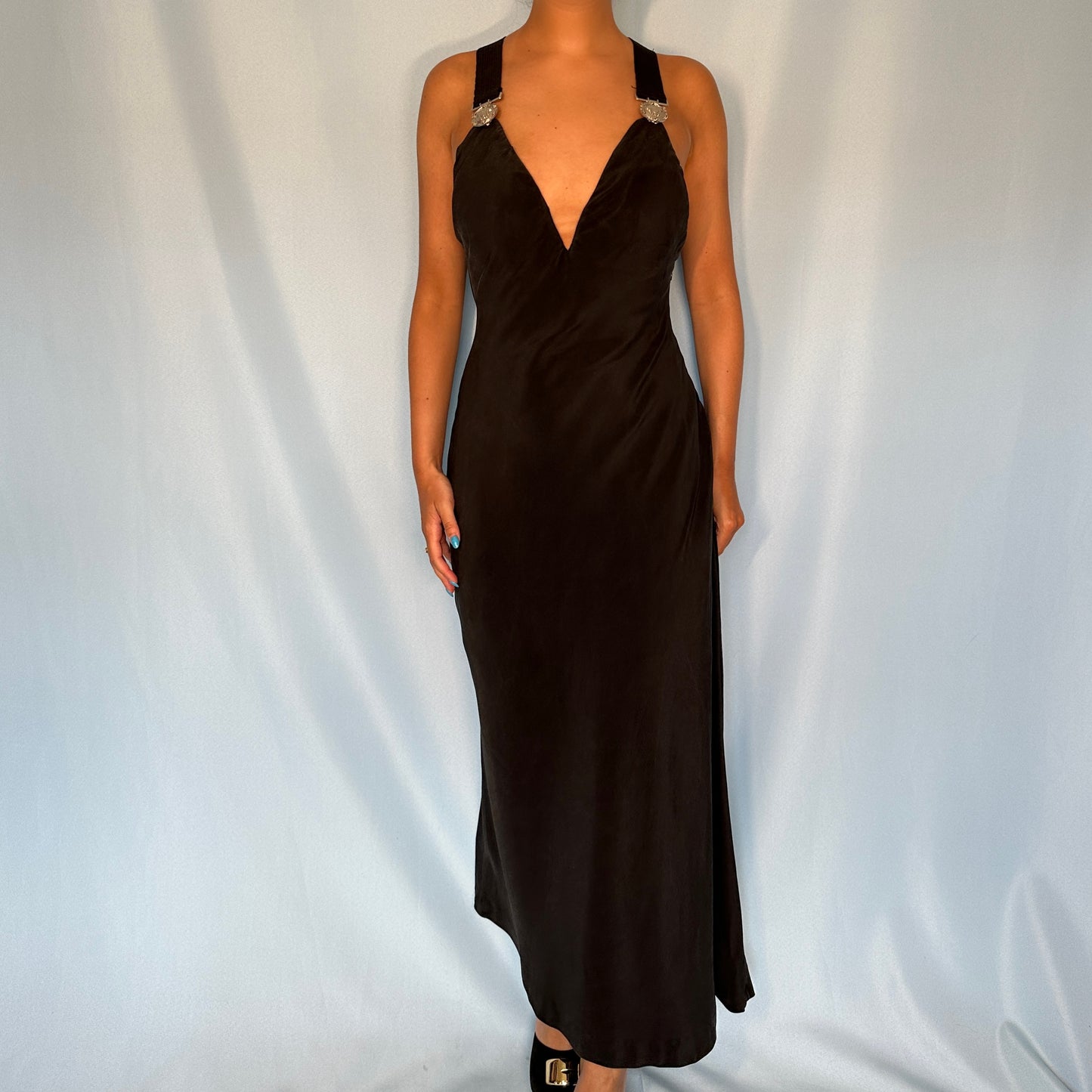 Versace Spring 1994 Medusa Strap Black Silk Gown Dress