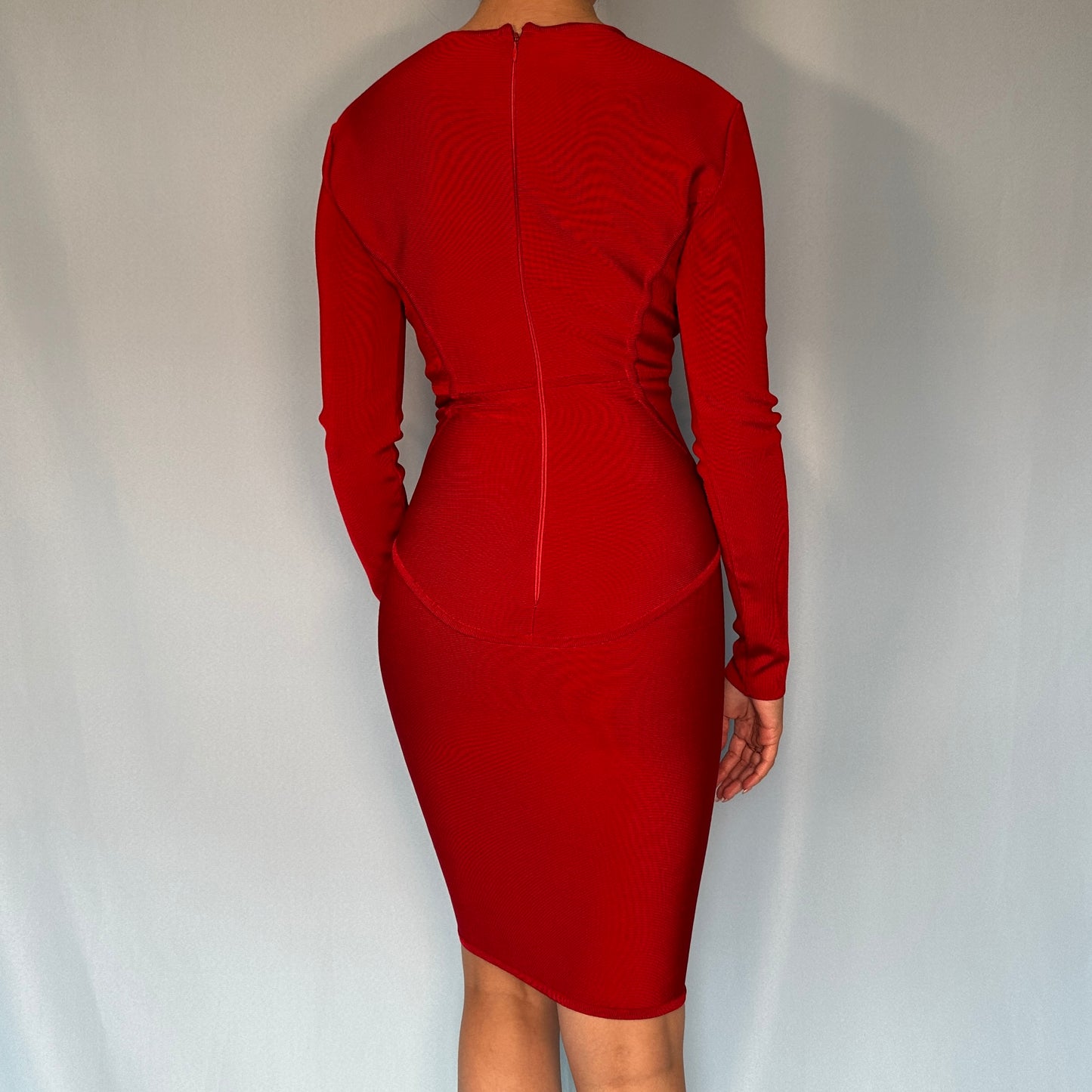 Herve Leger Red Long Sleeve Plunge Bandage Dress – Studded Petals Vintage Herve Leger Red Long Sleeve Plunge Bandage Dress – Studded Petals Vintage