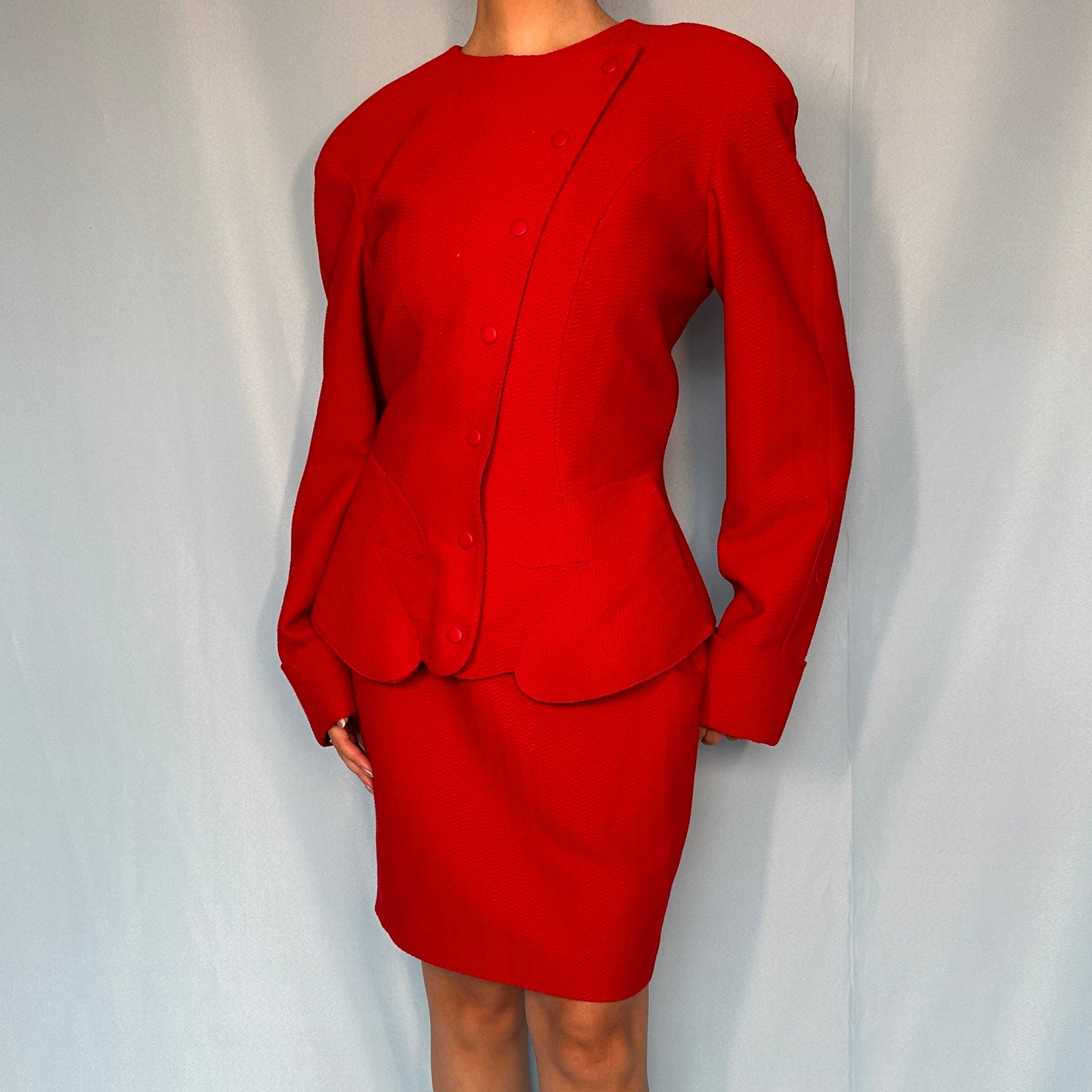 Thierry Mugler Red Asymmetric Jacket Skirt Suit Set