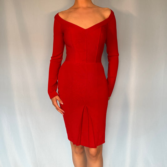 Herve Leger Red Long Sleeve Pleat Skirt Plunge Bandage Dress