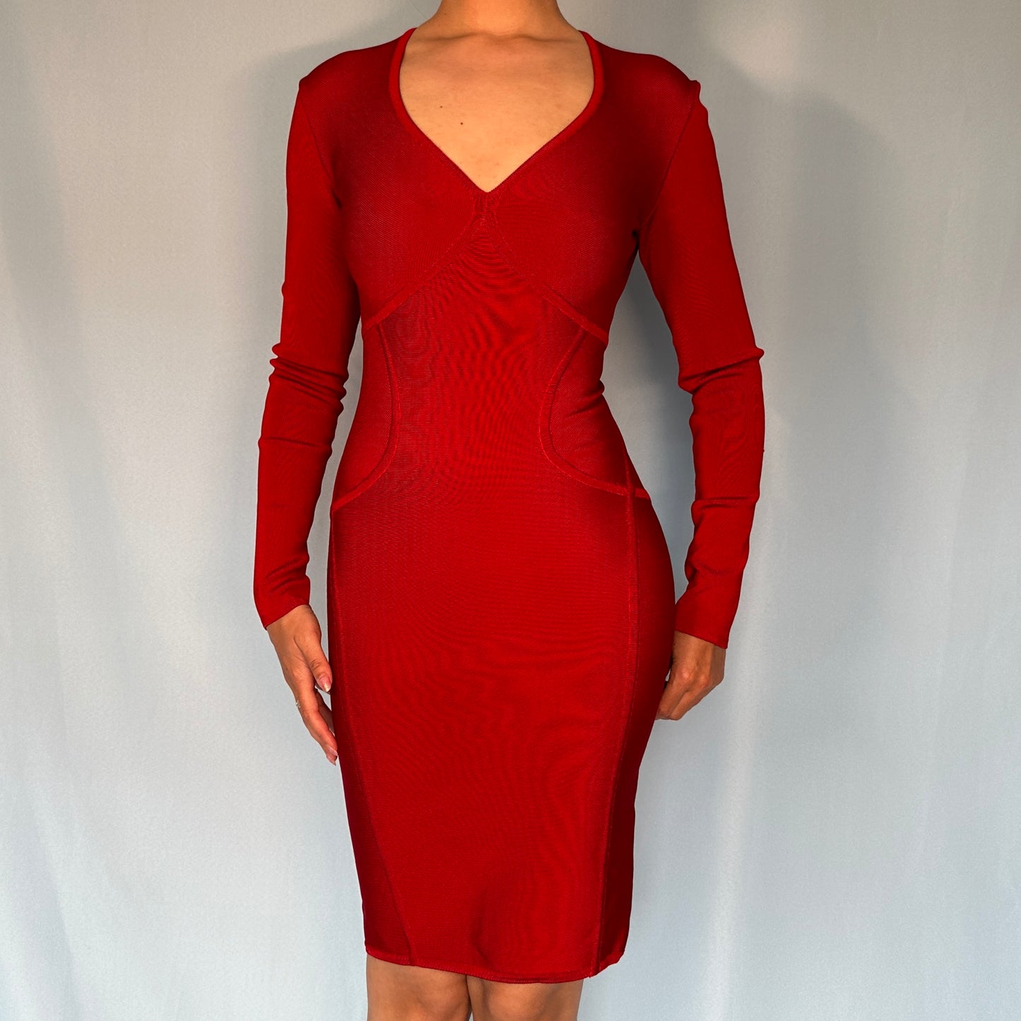 Herve Leger Red Long Sleeve Plunge Bandage Dress – Studded Petals Vintage Herve Leger Red Long Sleeve Plunge Bandage Dress – Studded Petals Vintage