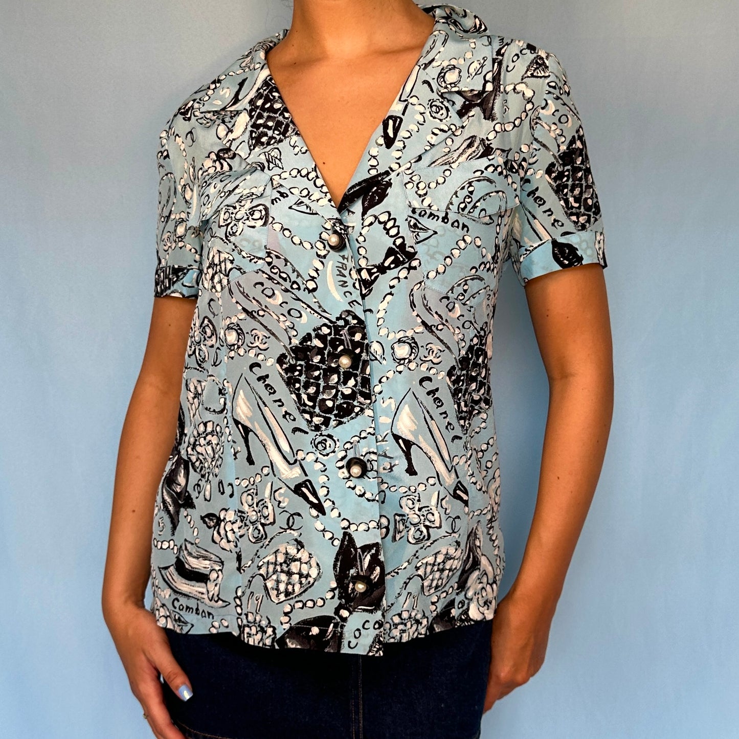 Chanel Spring 1993 Runway Blue Silk Illustrated Pattern Shirt Blouse