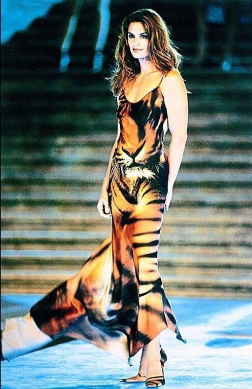 Roberto Cavalli Fall 2000 Silk Tiger Print Dress & Fur Trim Shawl
