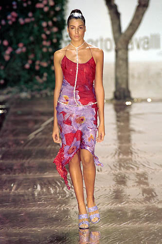 Roberto Cavalli Spring 2000 Red & Purple Floral Asymmetric Silk Skirt