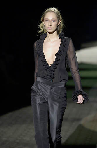Gucci Fall 2000 Runway Black Silk Ruffle Plunge Blouse Top