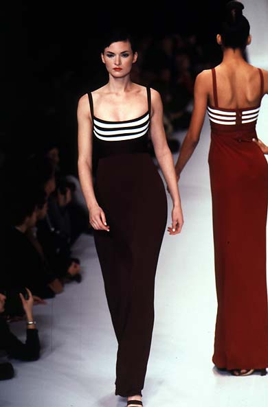 Hervé Léger Couture Spring 1997 Black & White Stripe Strapless Bandage Maxi Dress