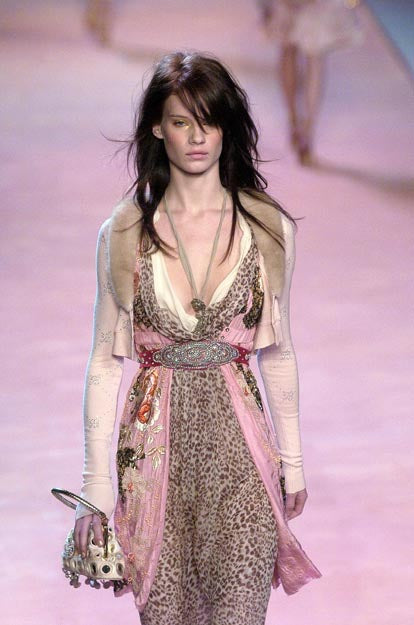 Blumarine Spring 2005 Runway Pink Rhinestone & Fur Collar Cardigan