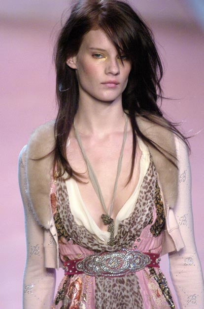 Blumarine Spring 2005 Runway Pink Rhinestone & Fur Collar Cardigan