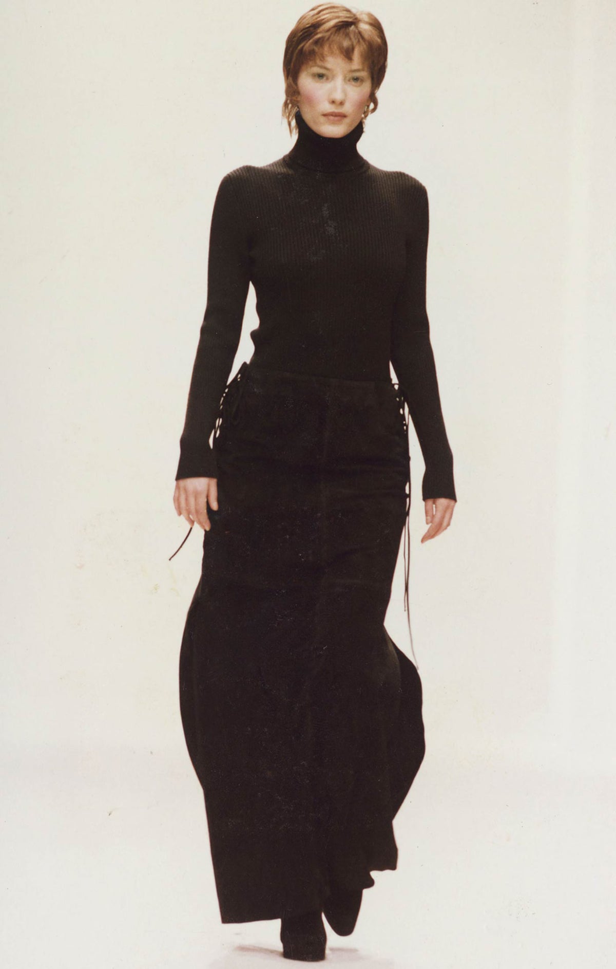 Prada Fall 1993 Runway Brown Suede Lace Up Maxi Skirt