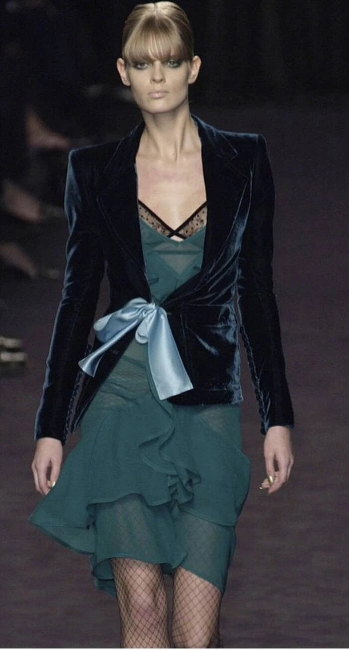 Yves Saint Laurent Fall 2003 Runway Green Silk Ruffle Dress