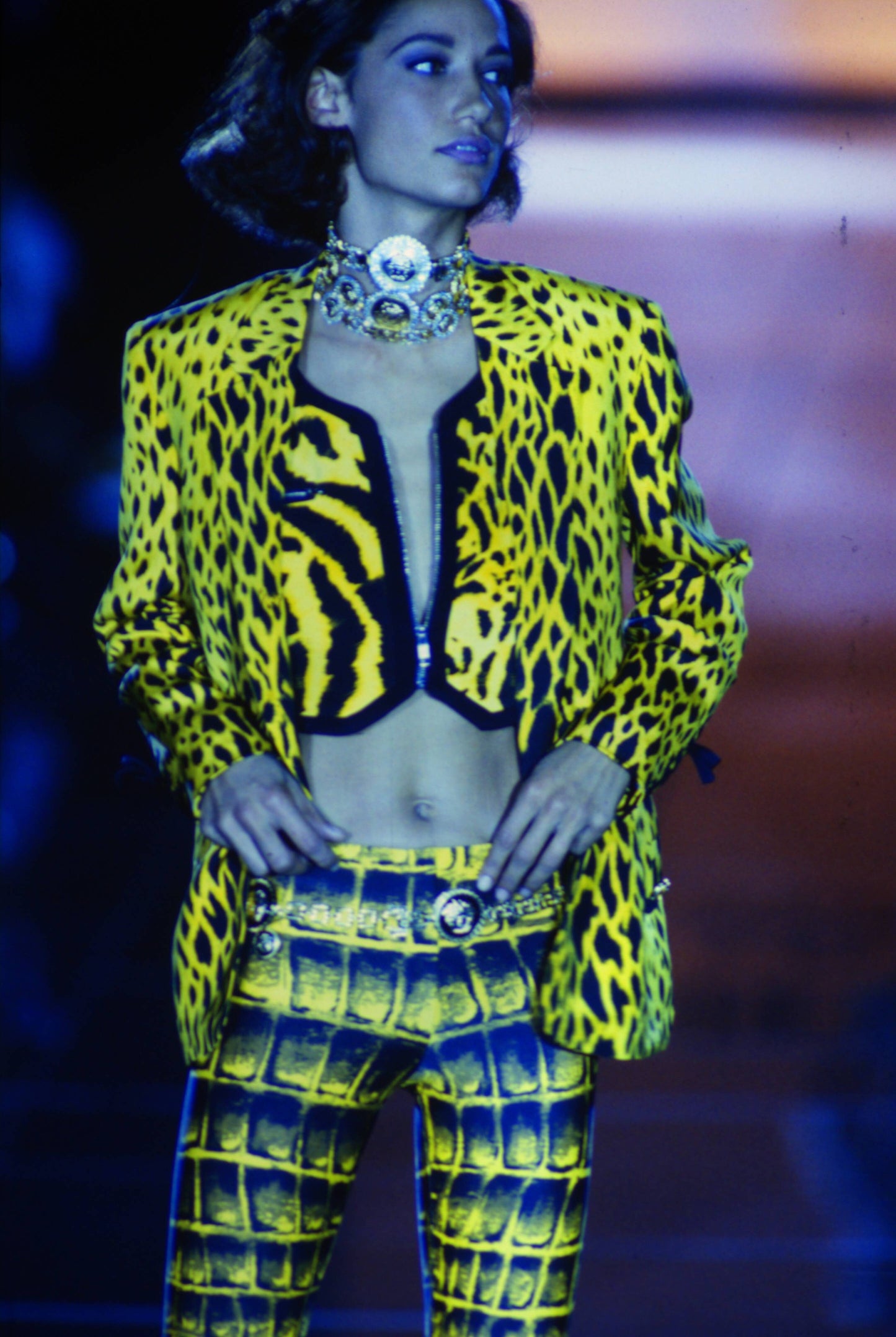 Versace Spring 1992 Runway Yellow Cheetah Print Jacket & Leggings Set