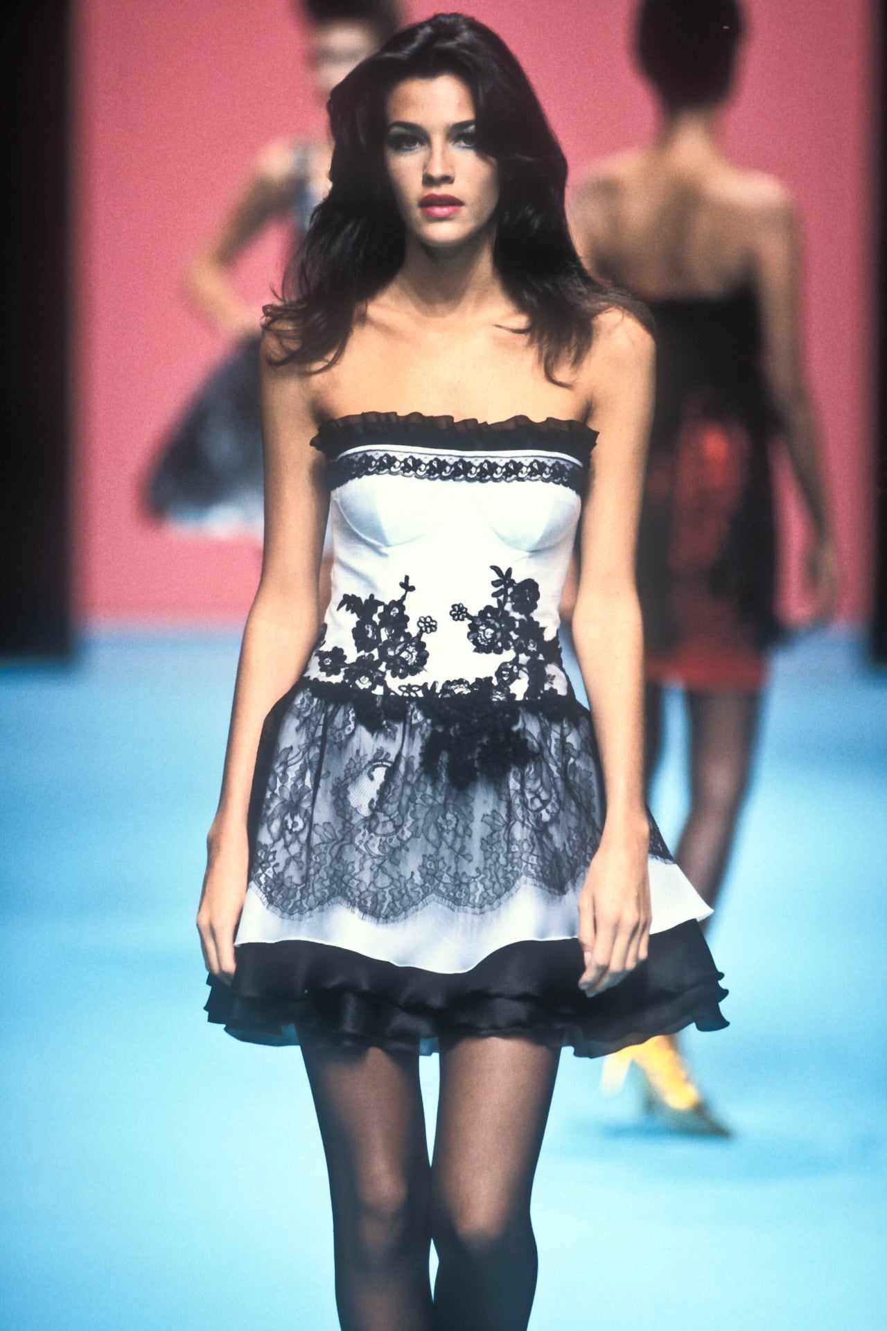 Christian Lacroix Spring 1995 Runway White Silk & Black Lace Mini Dress