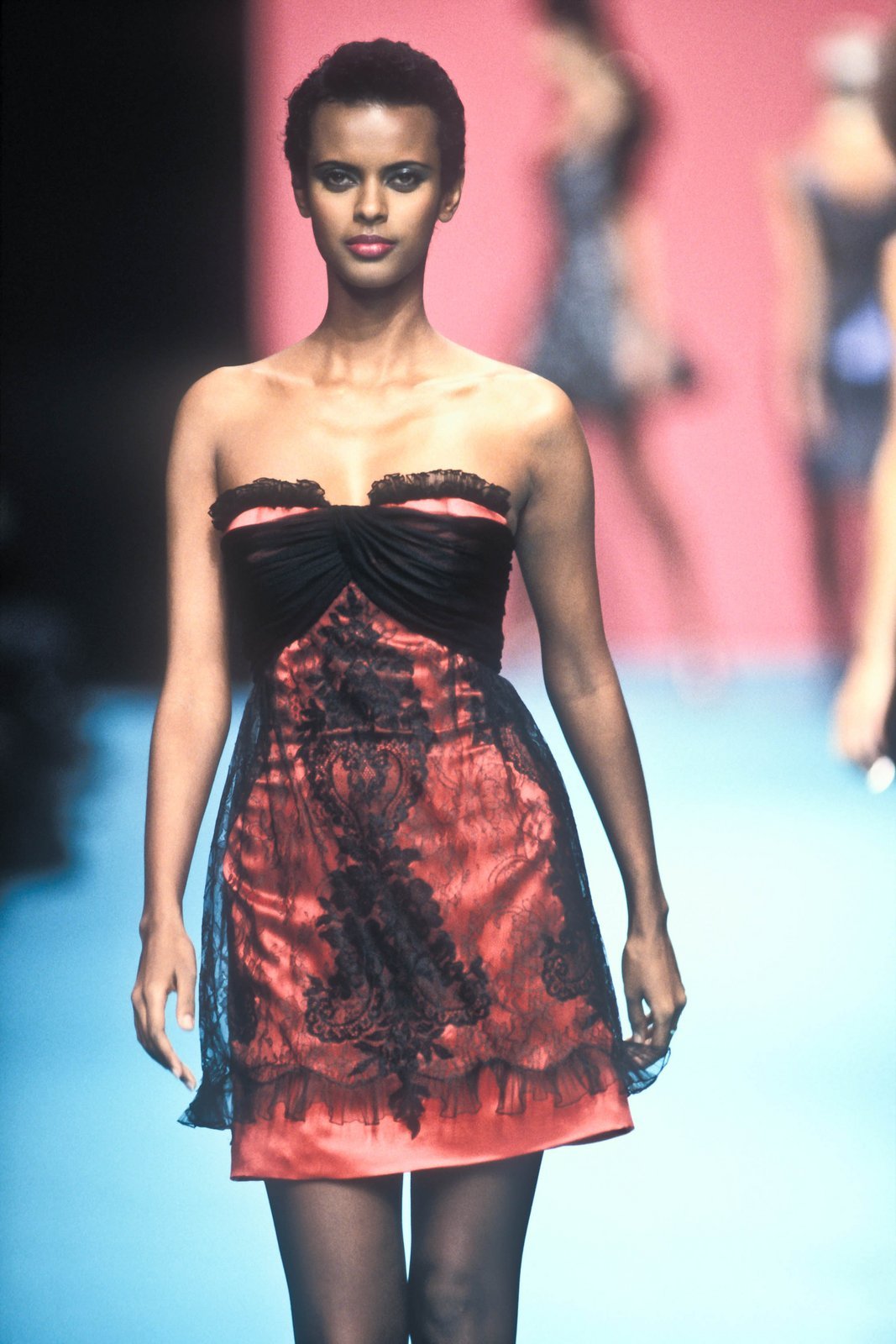 Christian Lacroix Spring 1995 Runway Red Satin & Black Lace Mini Dress
