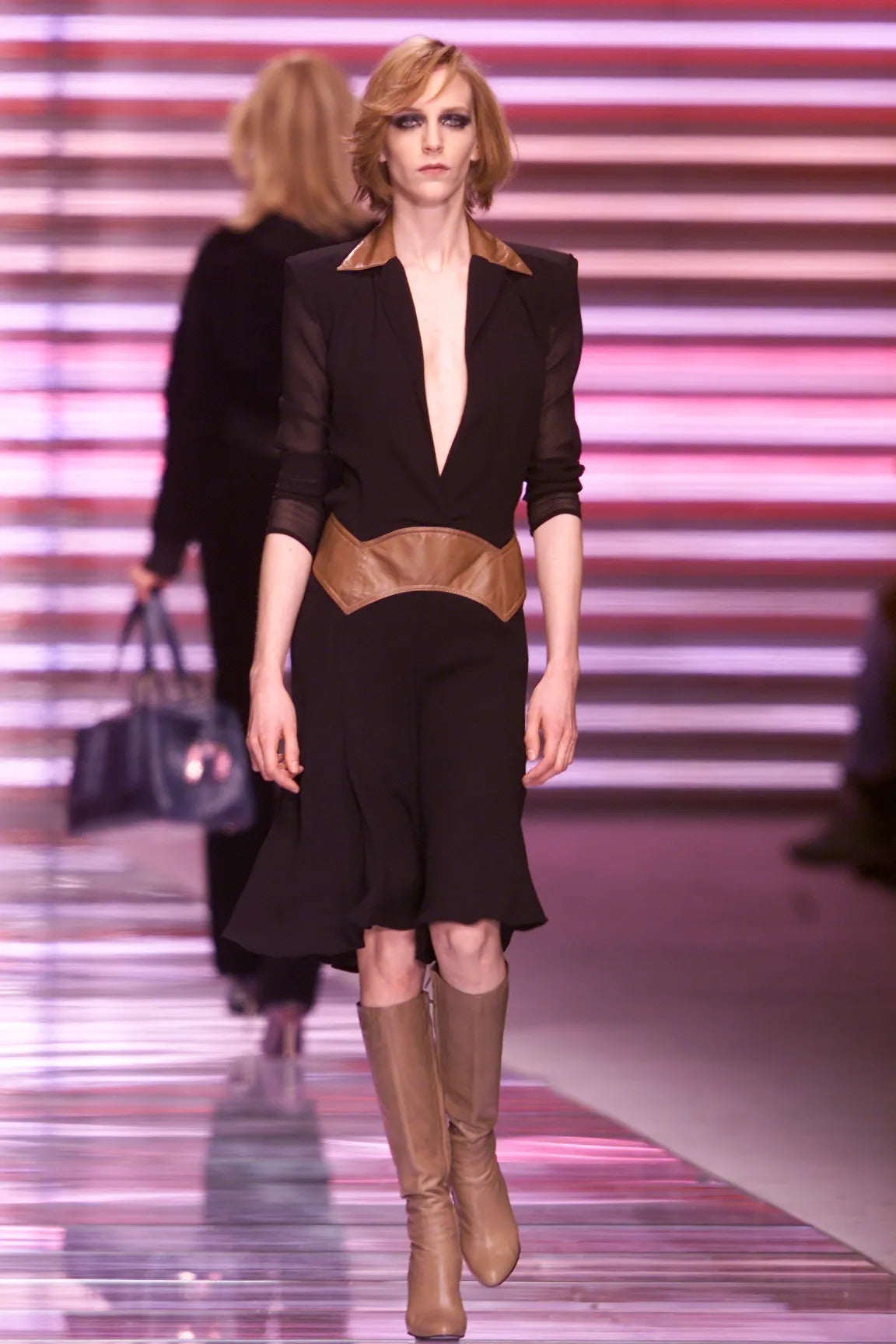 Versace Fall 2001 Black Leather Waistband Midi Skirt