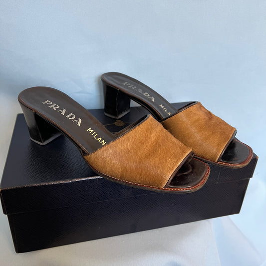 Prada Brown Ponyhair Heeled Mules
