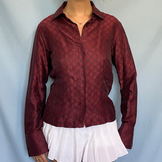 Gucci 1997 Monogram Burgundy Button Up Shirt