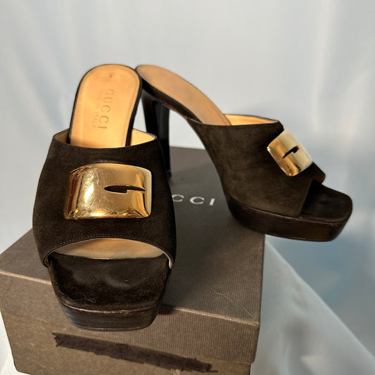 Gucci S/S 1996 Black Suede Heeled Mules
