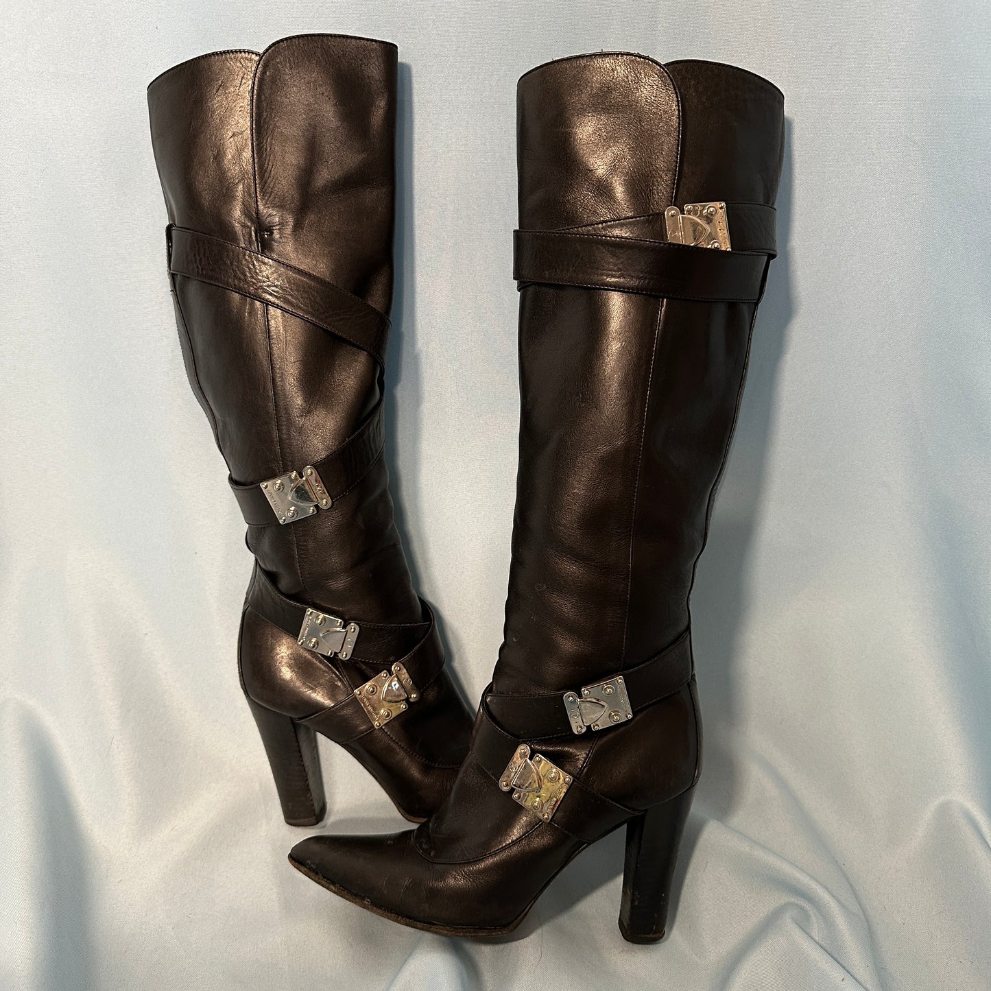 Louis Vuitton Black Leather Buckle Detail Heeled Boots
