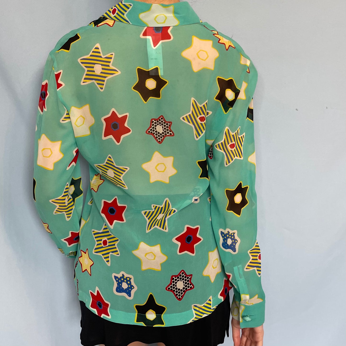 Versace 1997 Star Print Turquoise Silk Long Sleeve Shirt