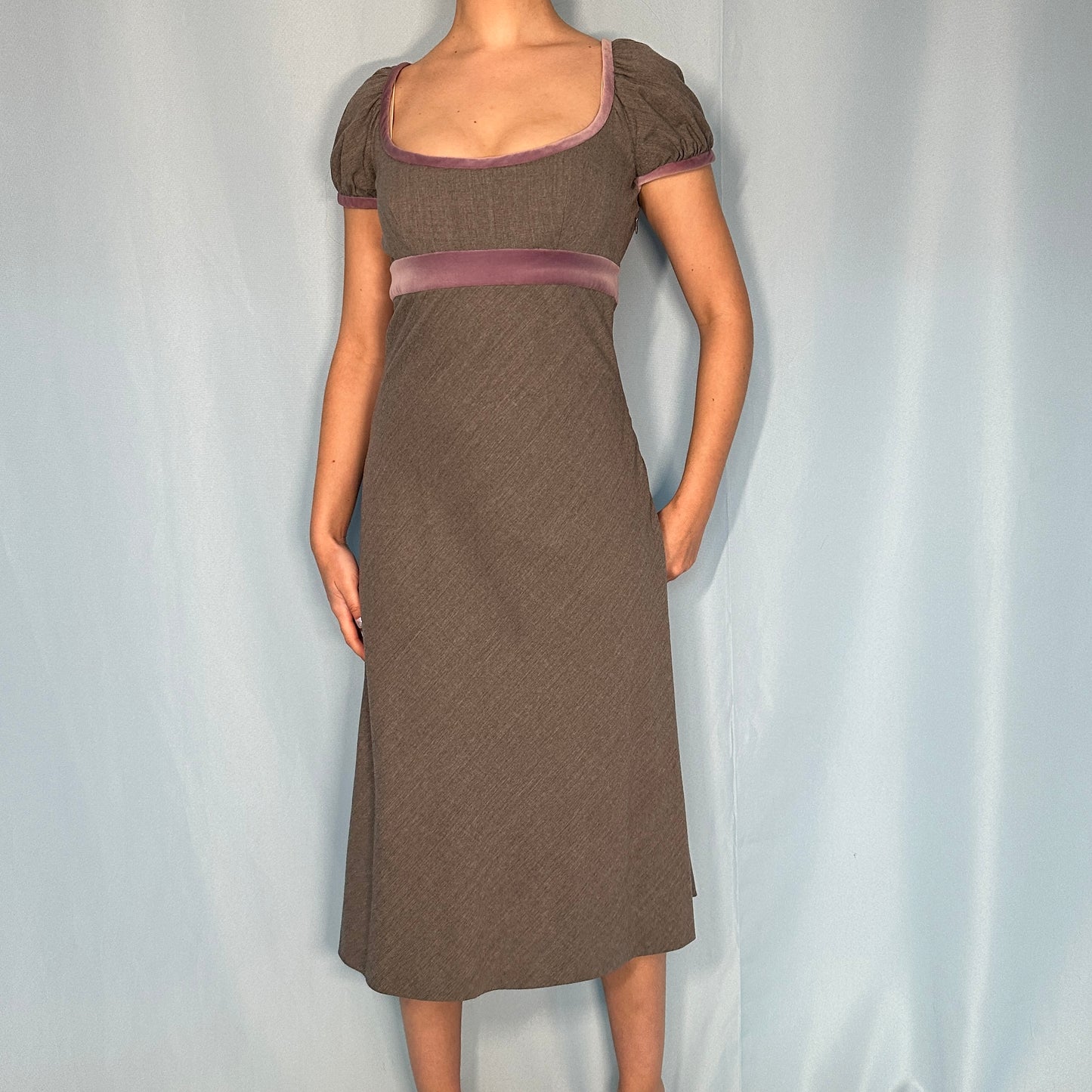 Valentino Grey and Lilac Velvet Trim Empire Bust Dress