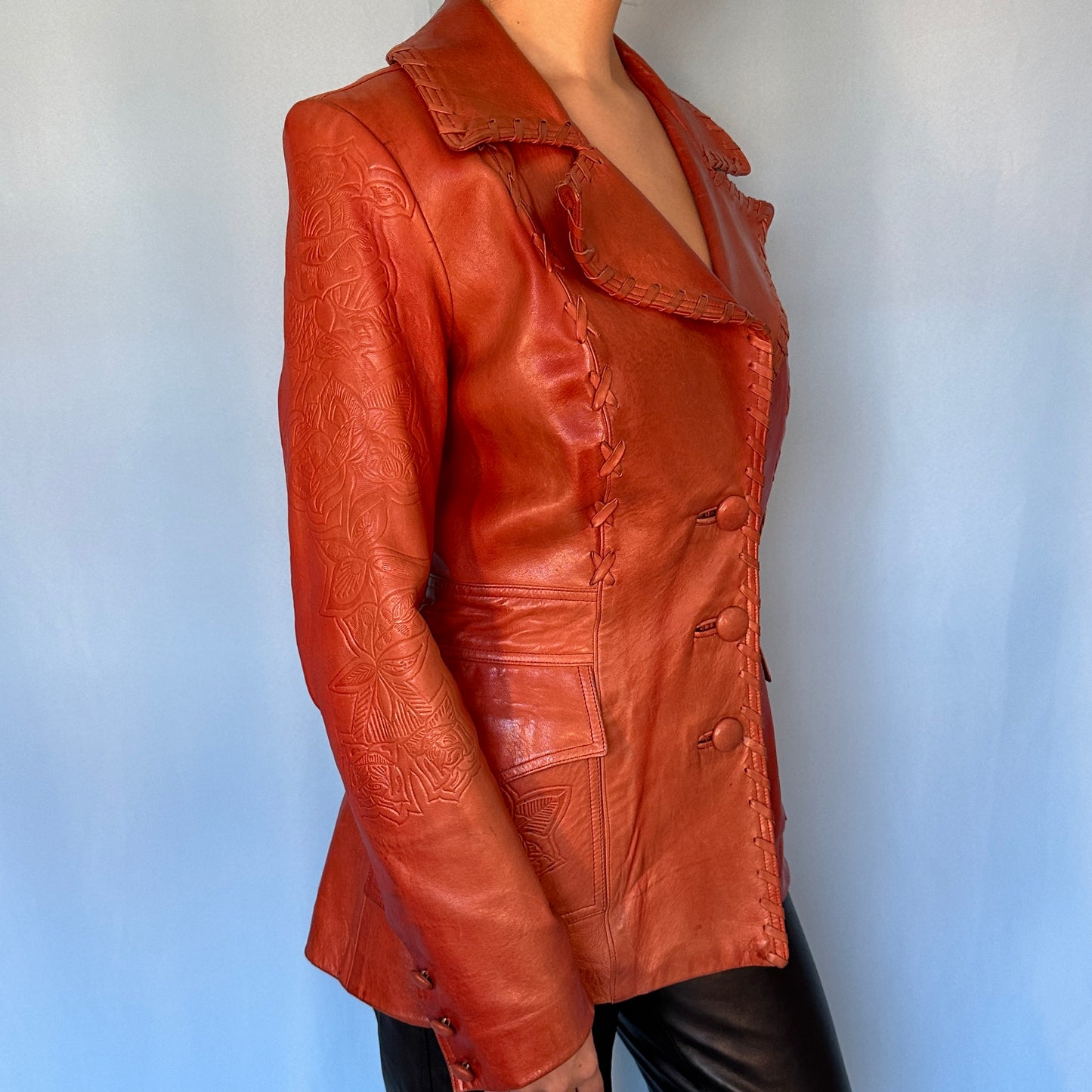 Anna Sui Burgundy Rose Embossed Leather Jacket