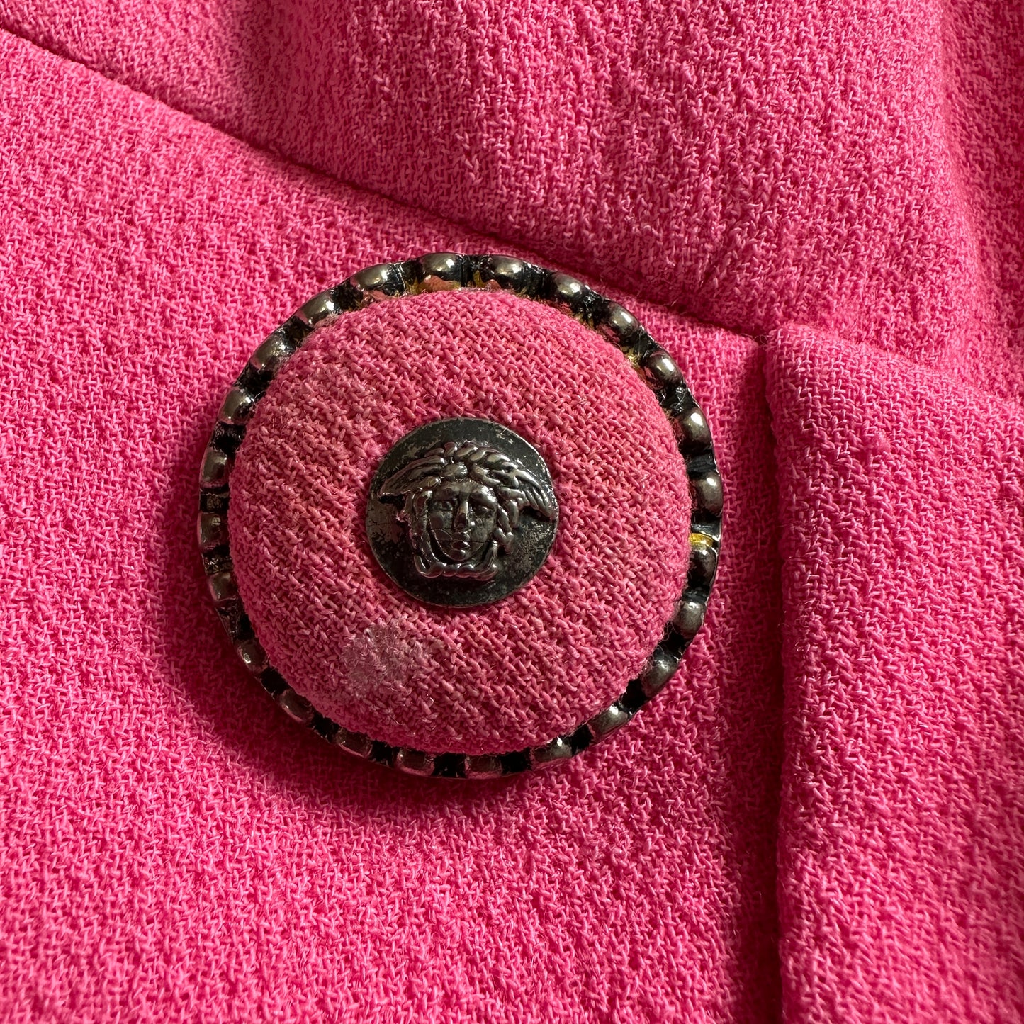 Atelier Versace Spring 1995 Pink Medusa Button Skirt Suit Set