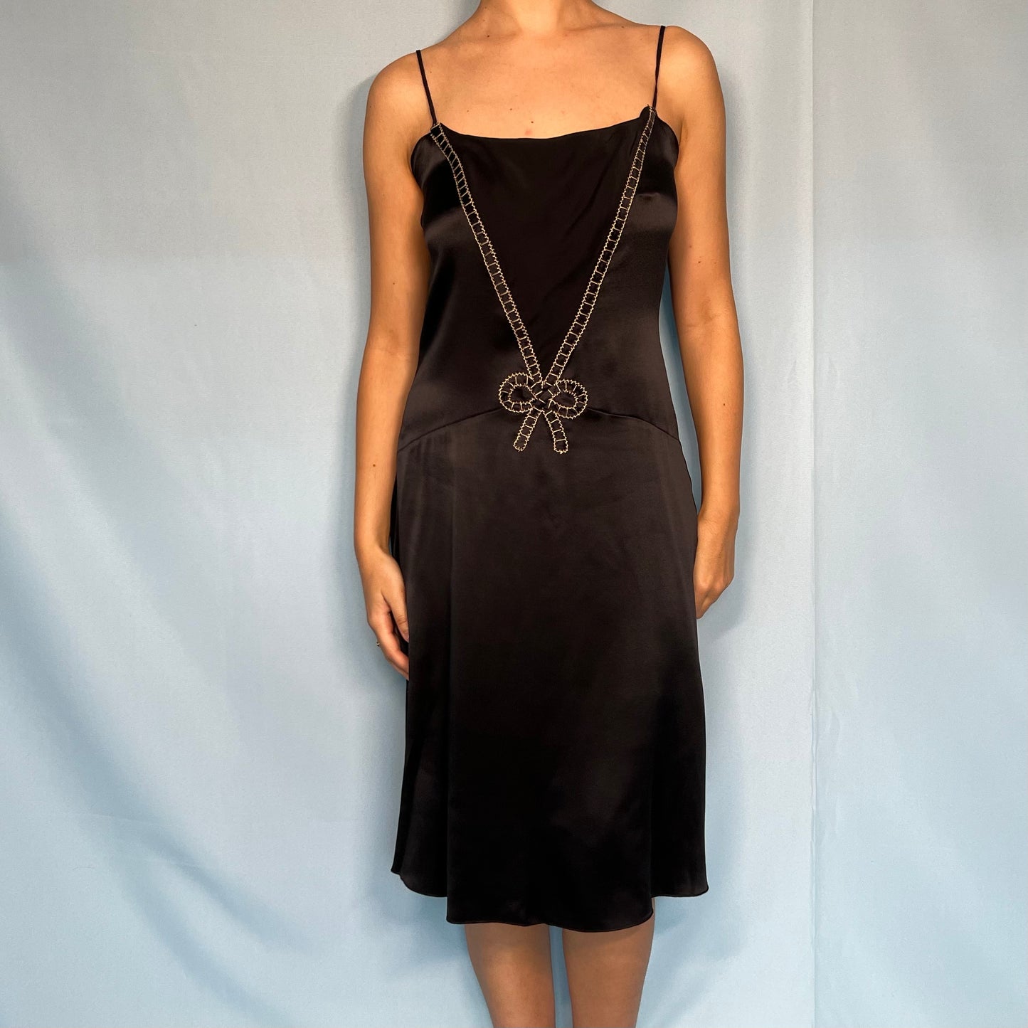 Anna Sui Silk Satin Black Bow Slip Dress